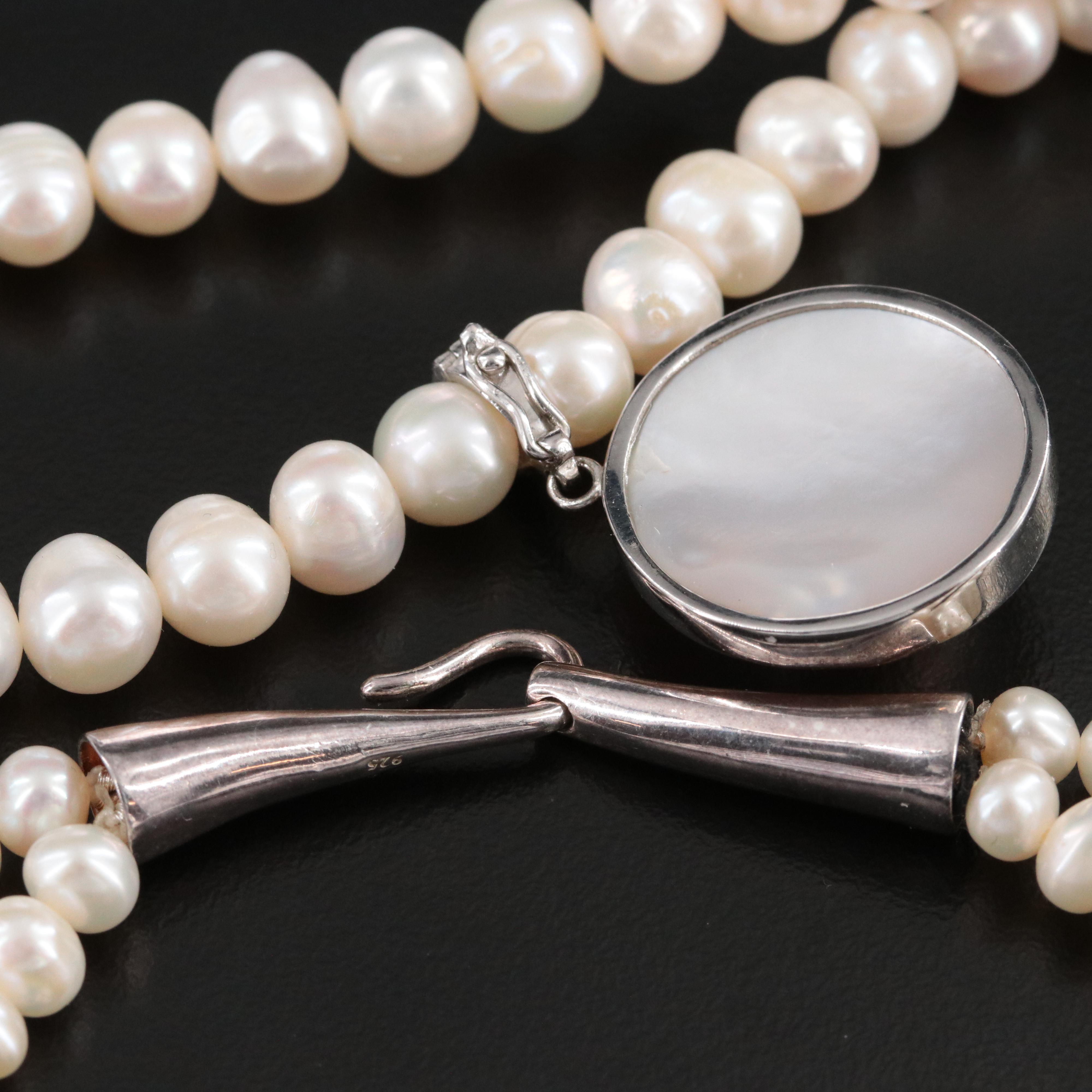Pearl Necklace with Sterling Clasp and Enhancer Pendant