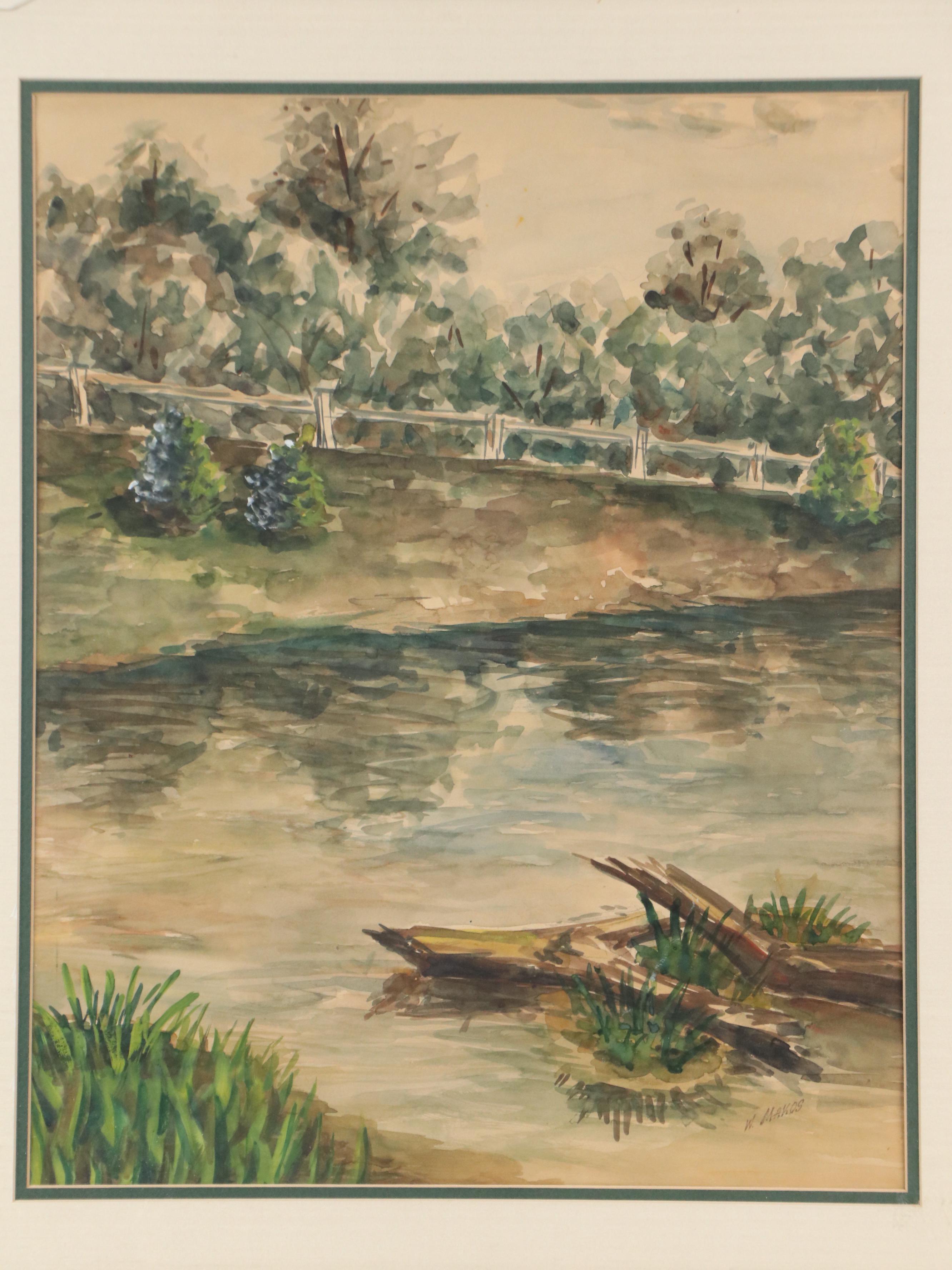 W. Makos River Landscape Watercolor Painting, 20th Century