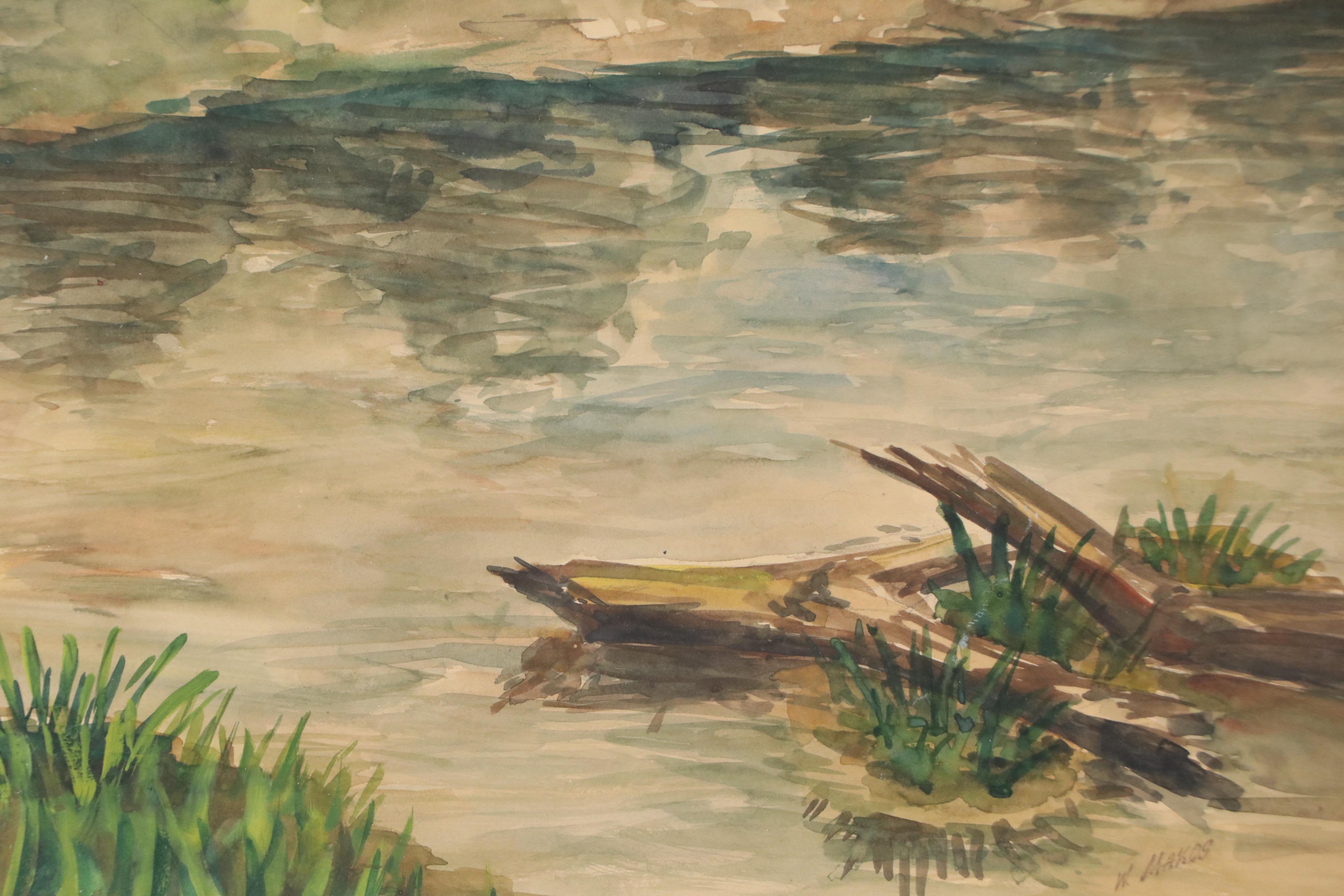 W. Makos River Landscape Watercolor Painting, 20th Century