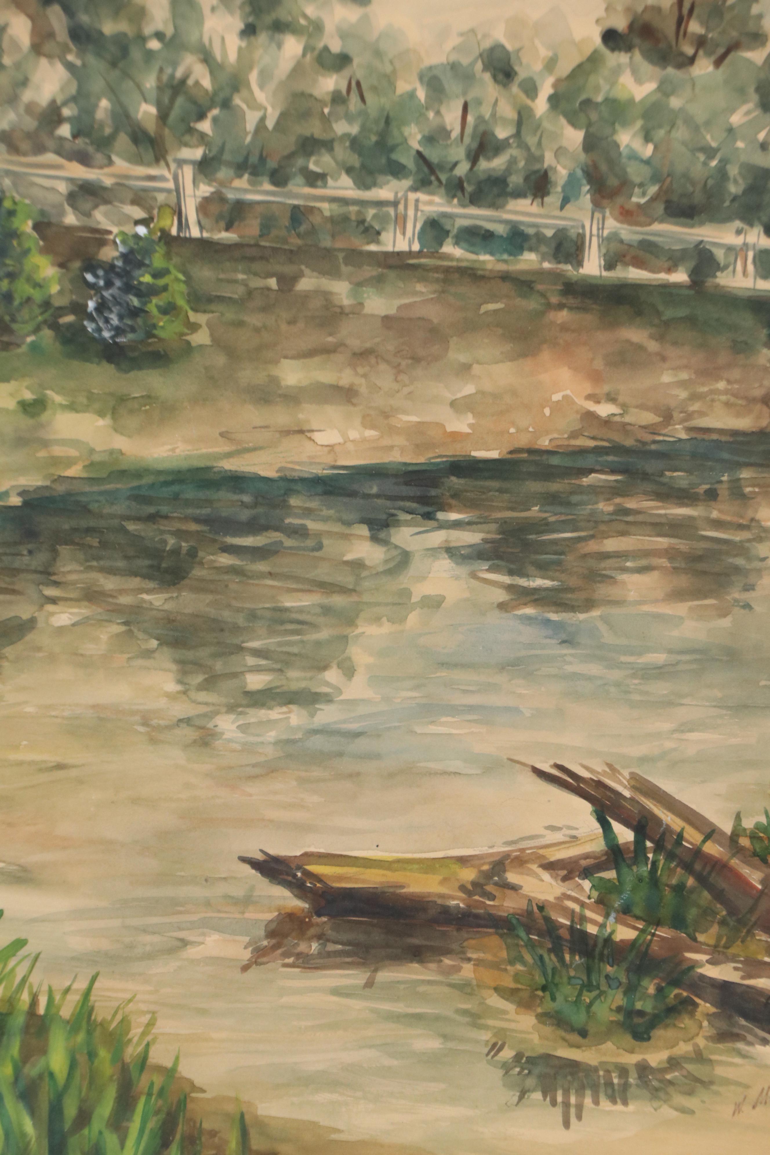 W. Makos River Landscape Watercolor Painting, 20th Century