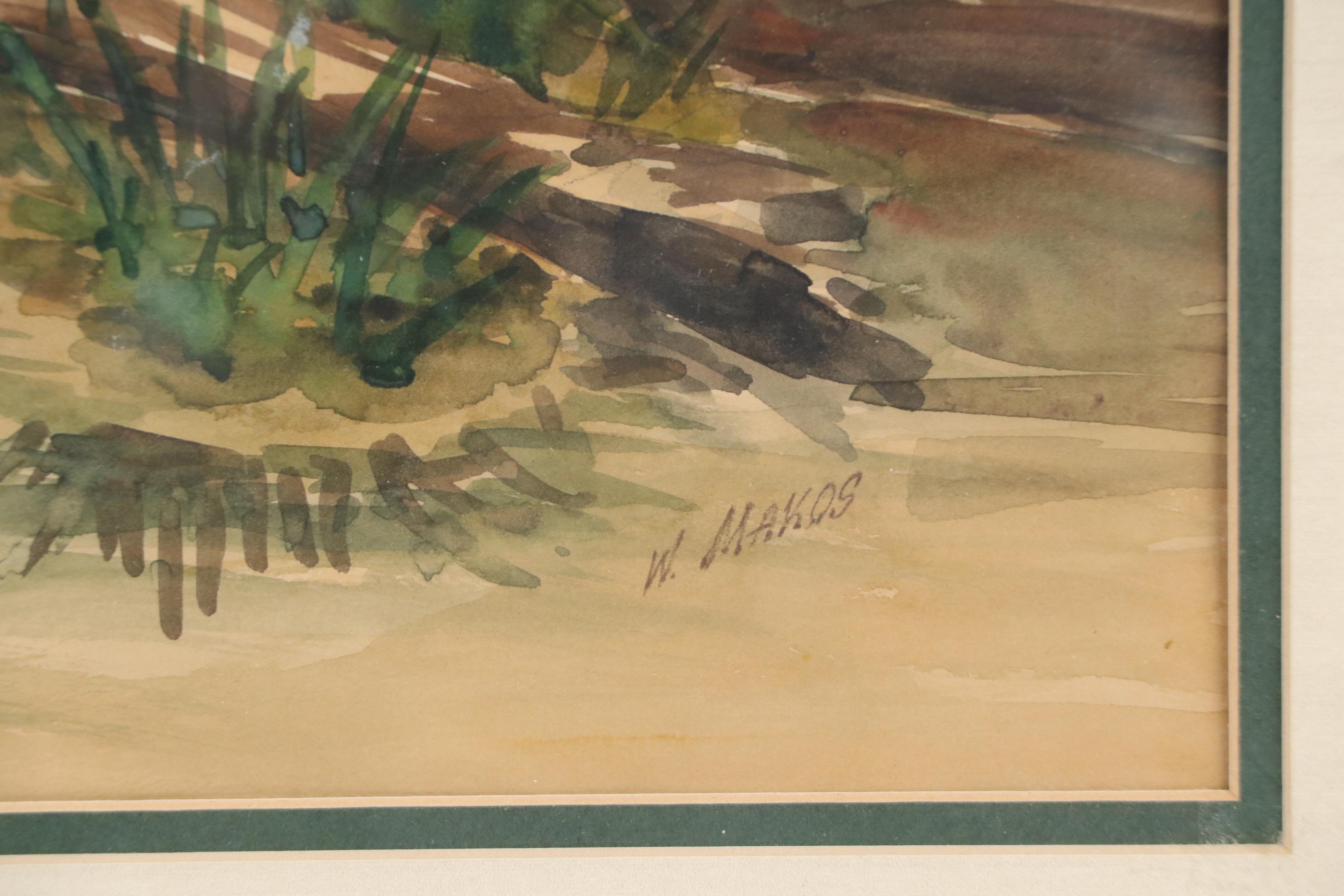 W. Makos River Landscape Watercolor Painting, 20th Century