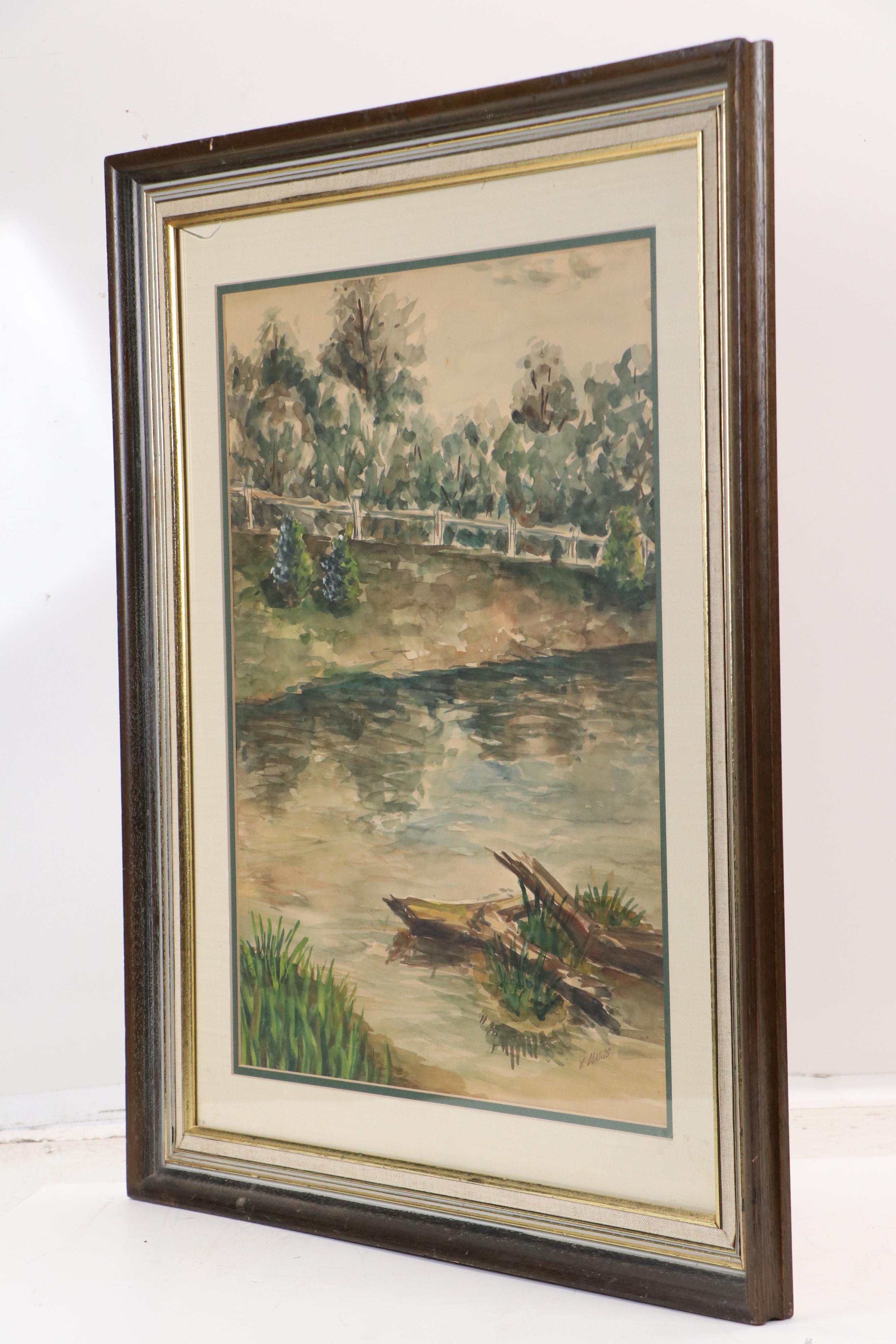 W. Makos River Landscape Watercolor Painting, 20th Century