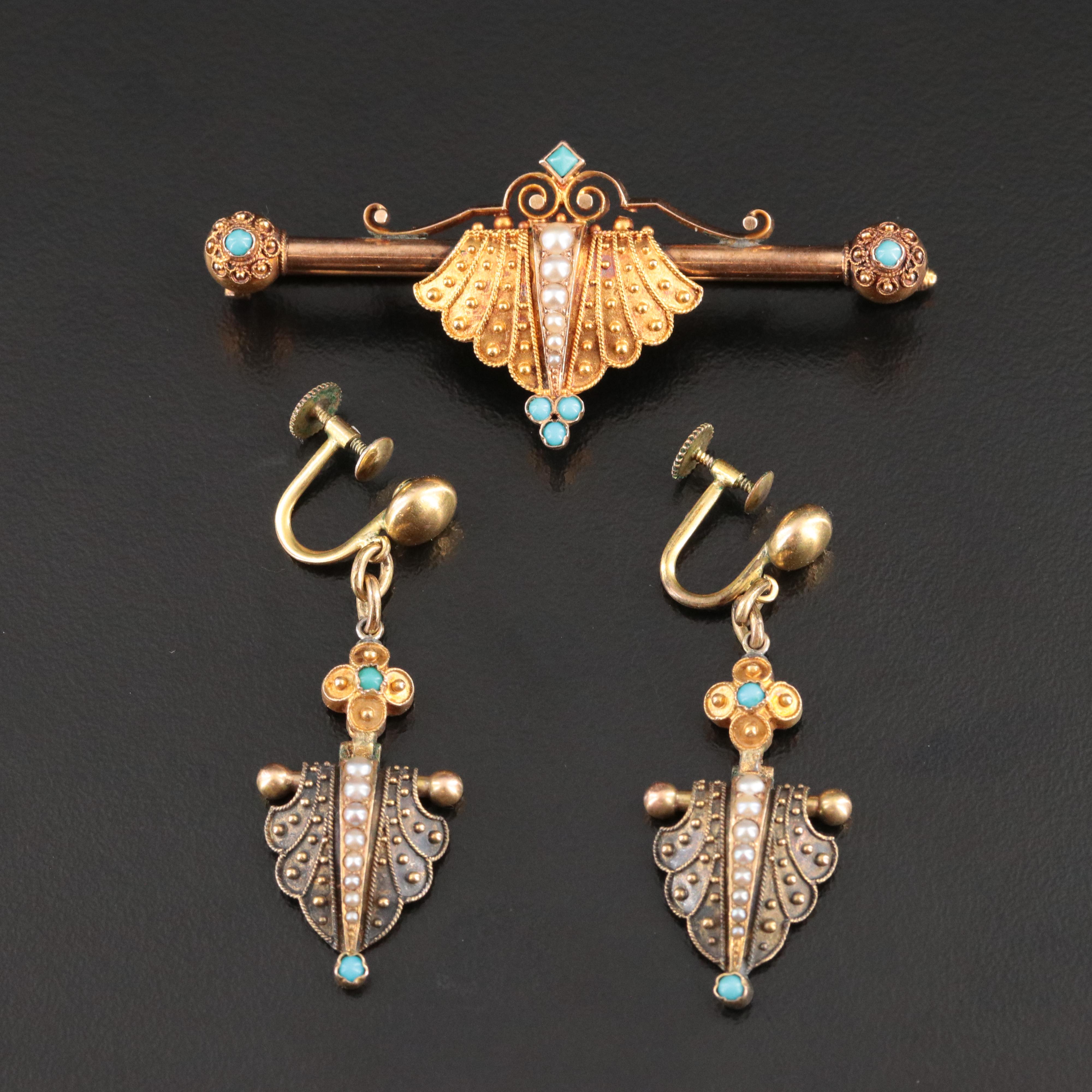 Antique 14K Shield Bar Brooch and Earrings