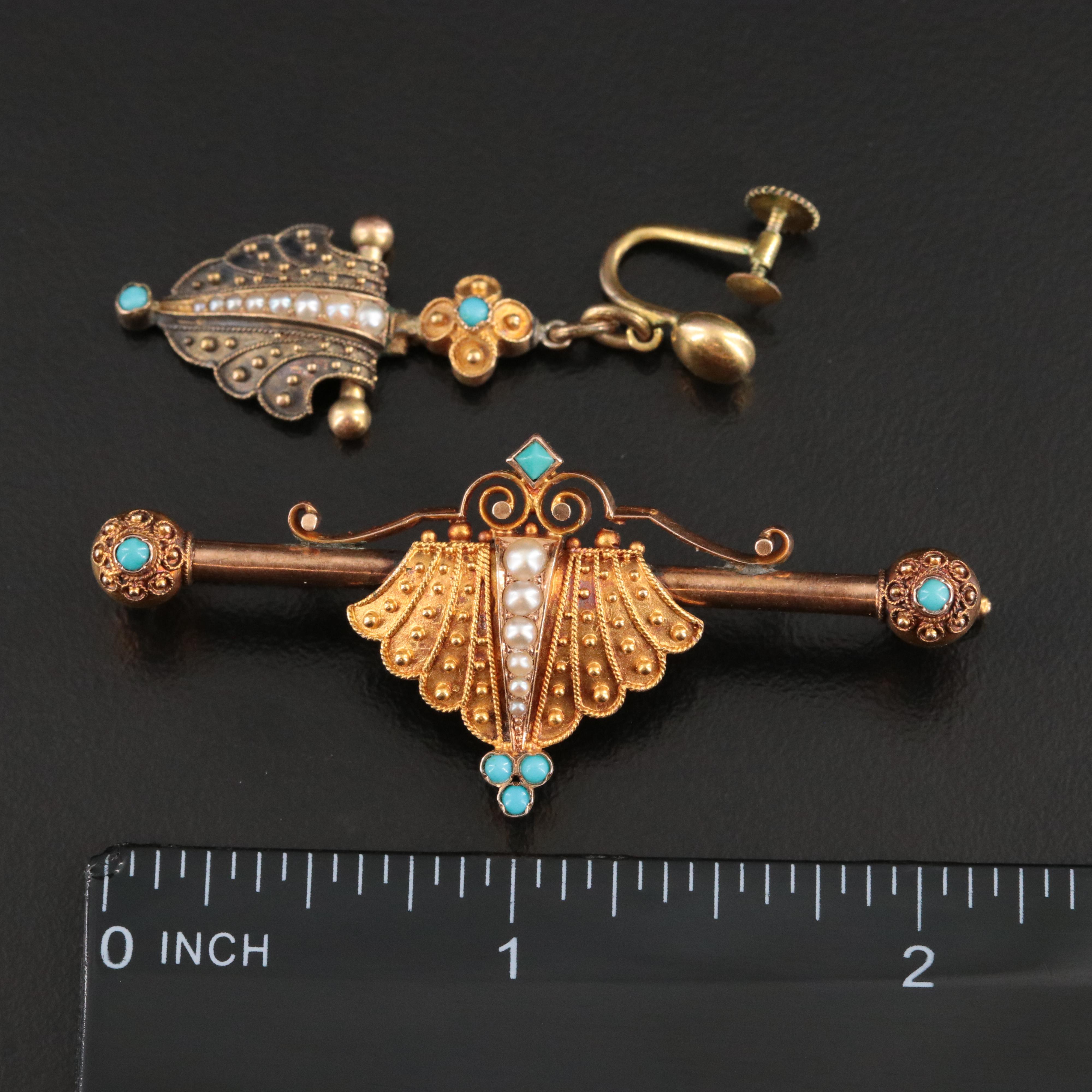 Antique 14K Shield Bar Brooch and Earrings