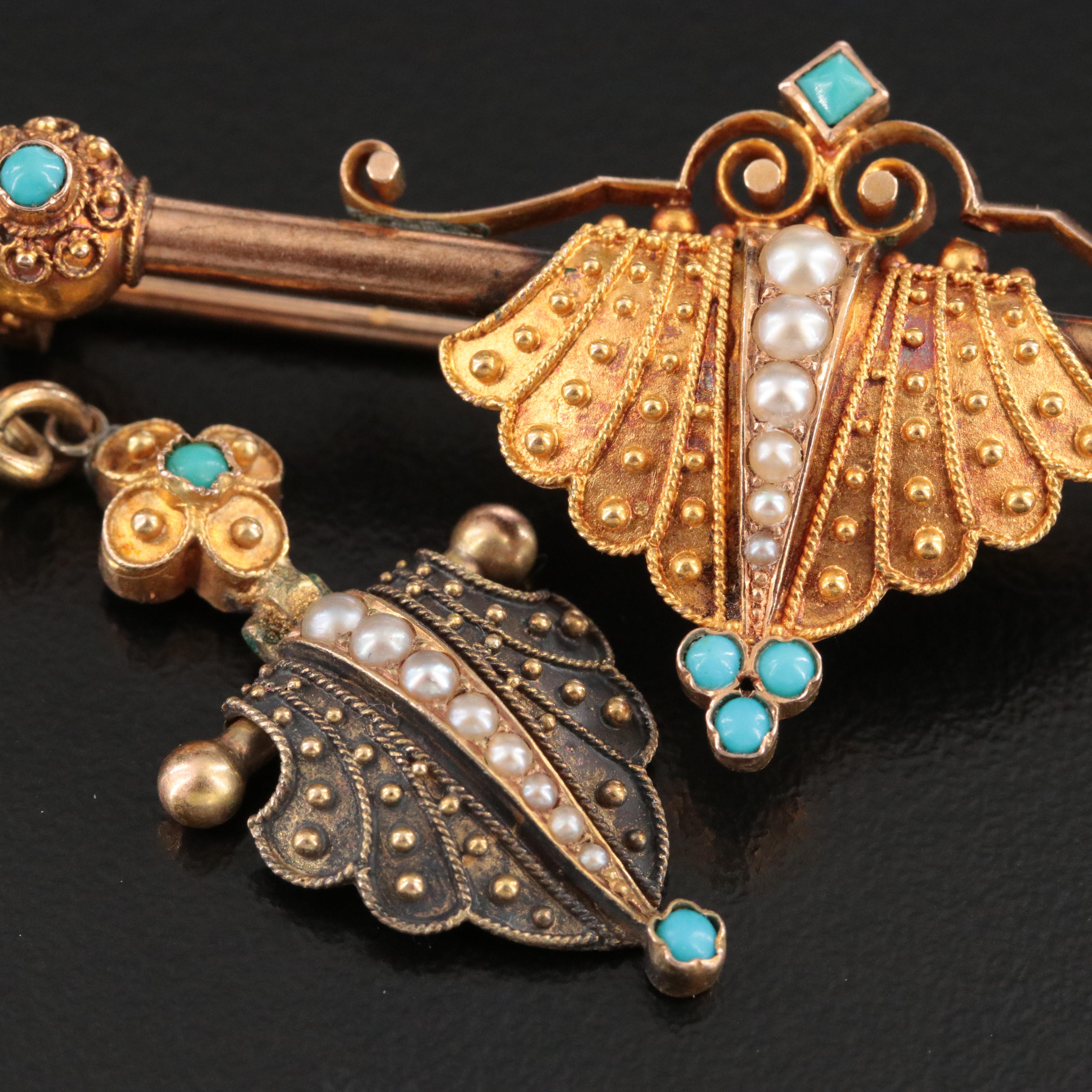 Antique 14K Shield Bar Brooch and Earrings