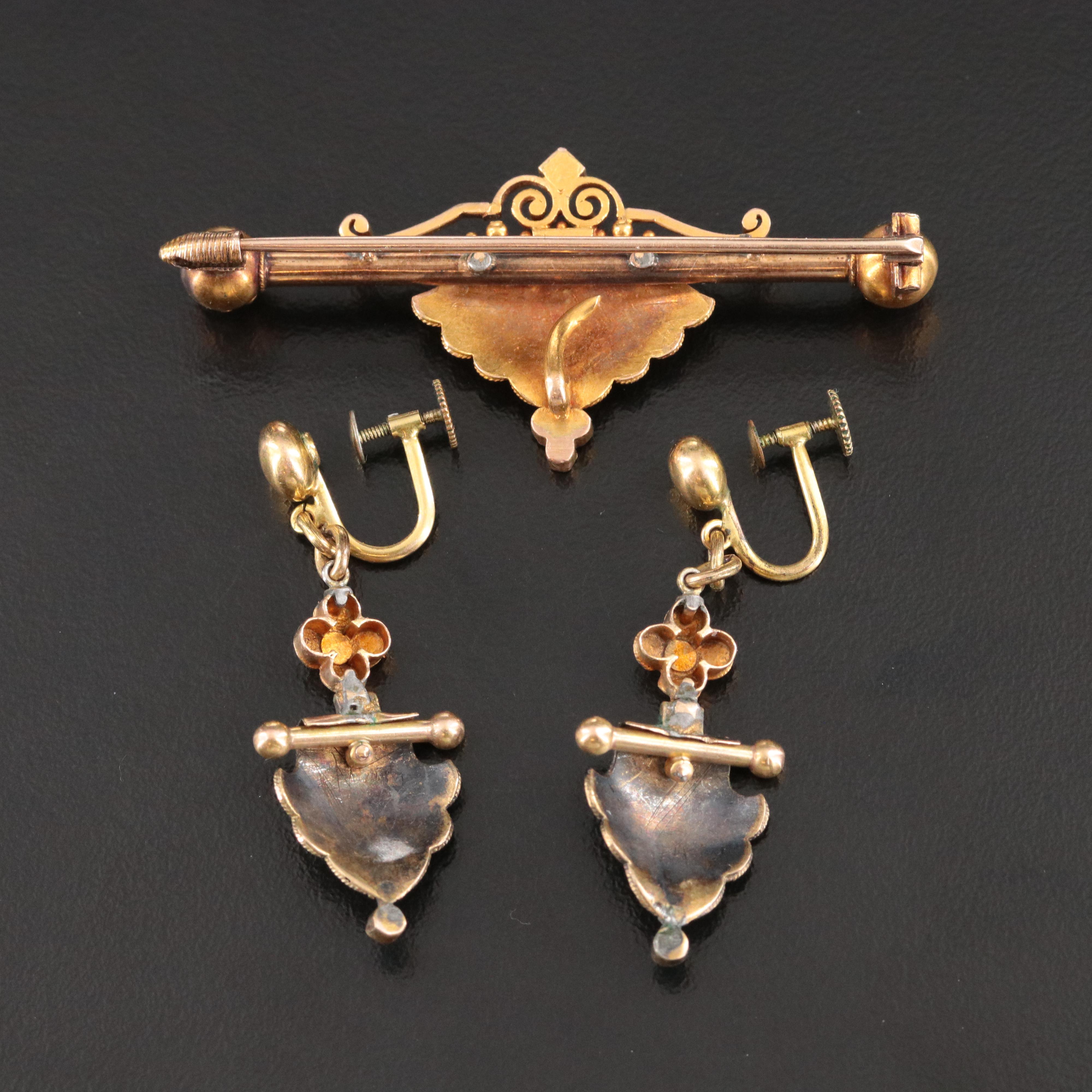 Antique 14K Shield Bar Brooch and Earrings