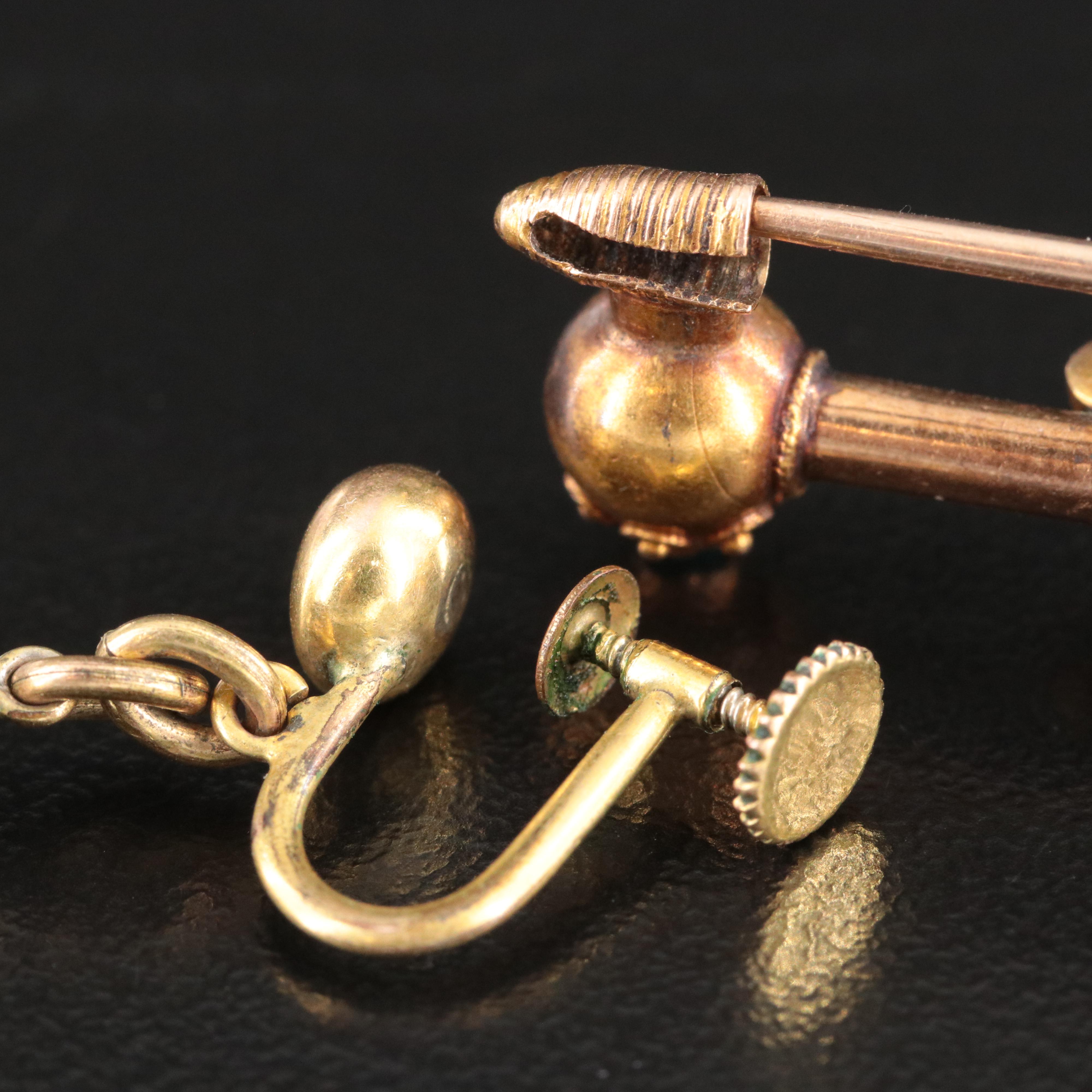 Antique 14K Shield Bar Brooch and Earrings