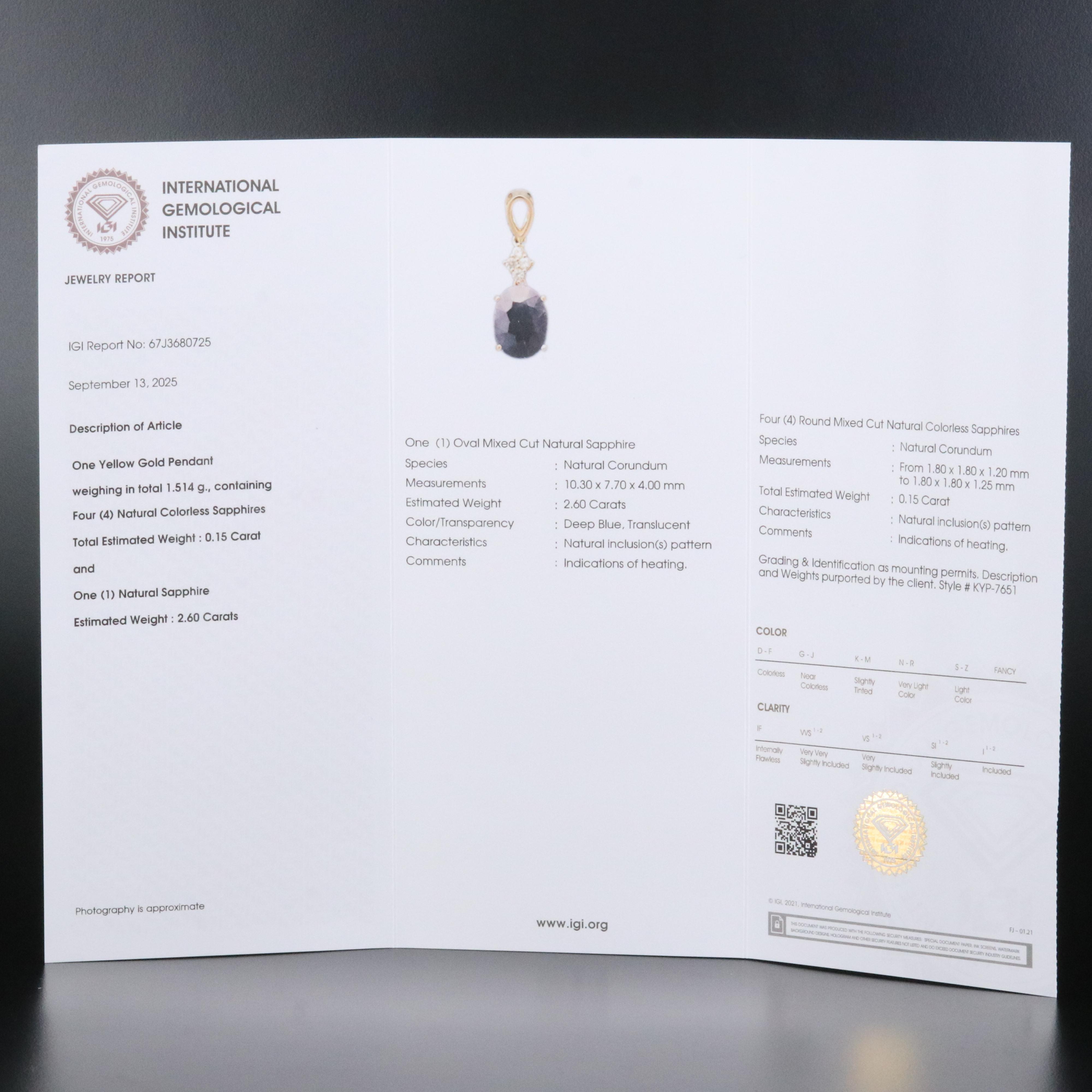 14K 2.60 CT Sapphire and White Sapphire Pendant with IGI Jewelry Report