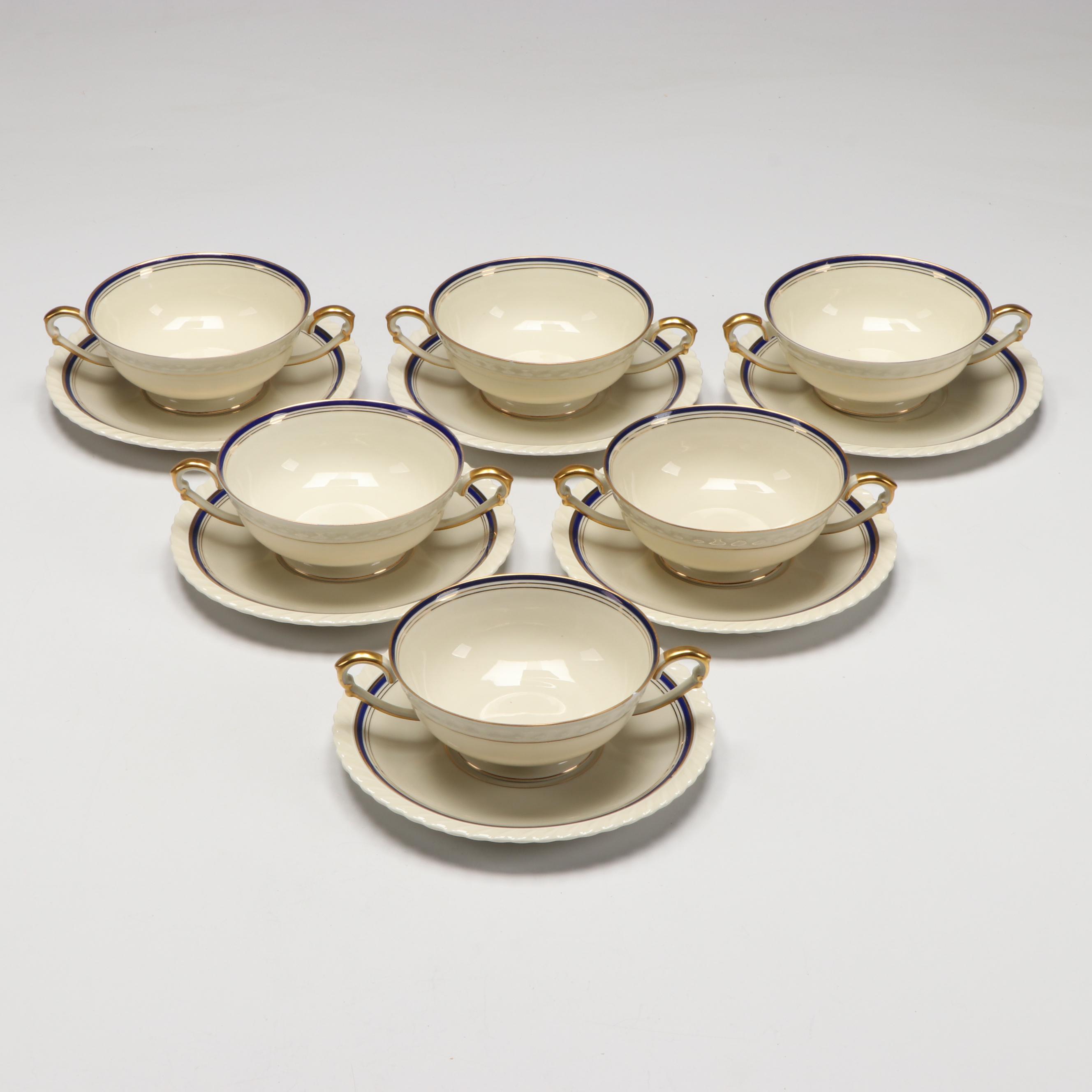 Sudlow English Imari Teapot with Krautheim "Sapphire" Cream Soup Bowls