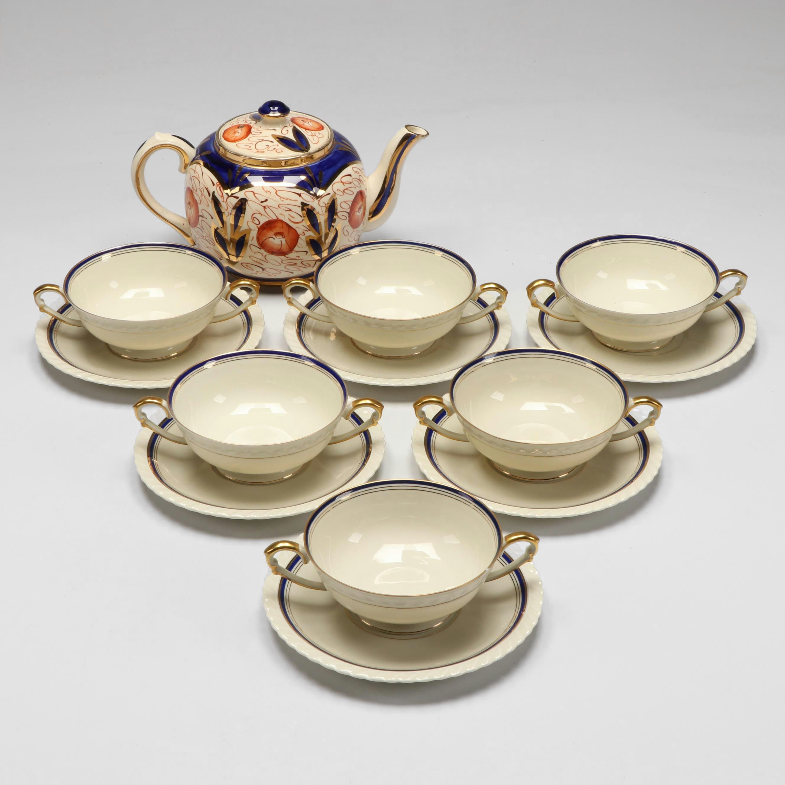 Sudlow English Imari Teapot with Krautheim "Sapphire" Cream Soup Bowls