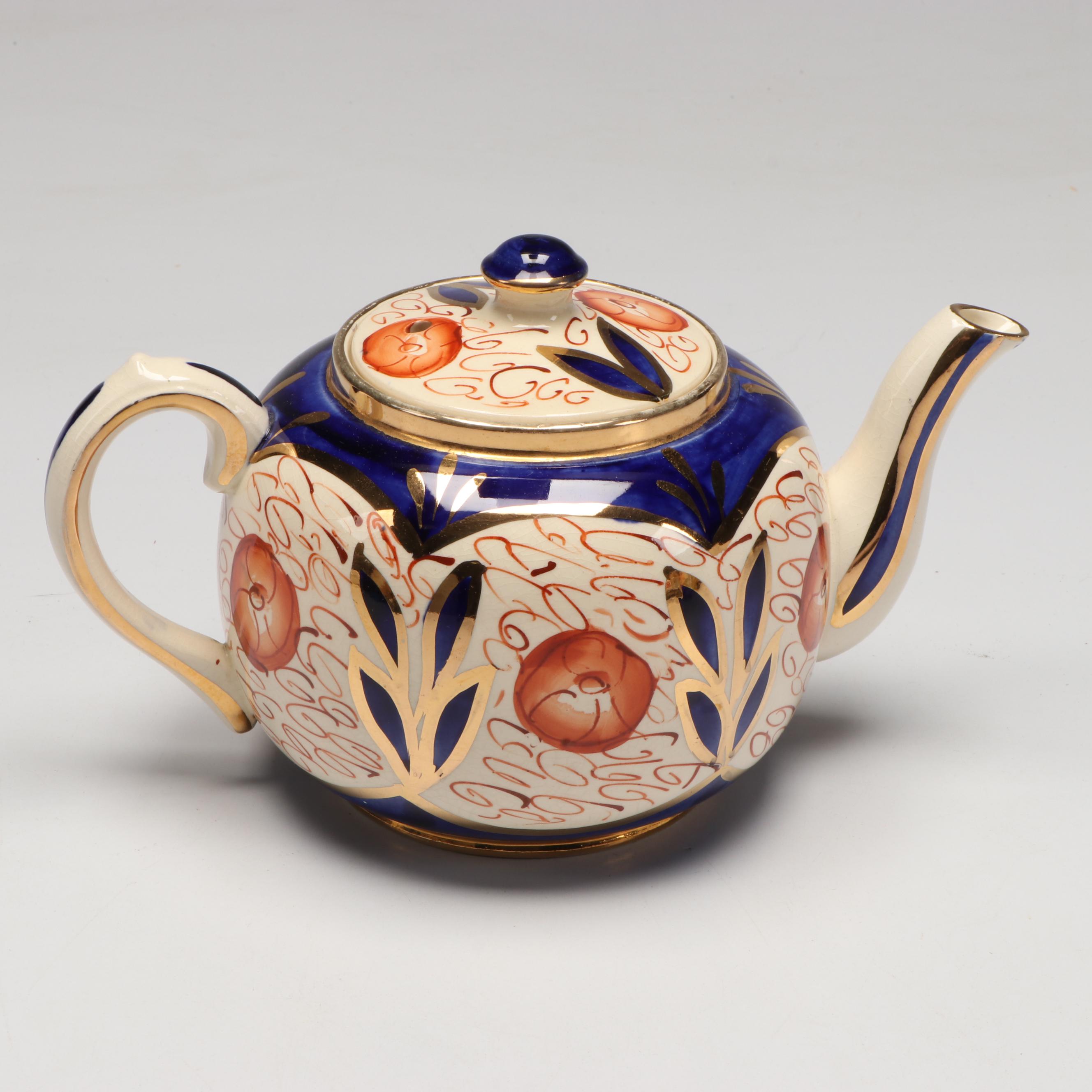 Sudlow English Imari Teapot with Krautheim "Sapphire" Cream Soup Bowls