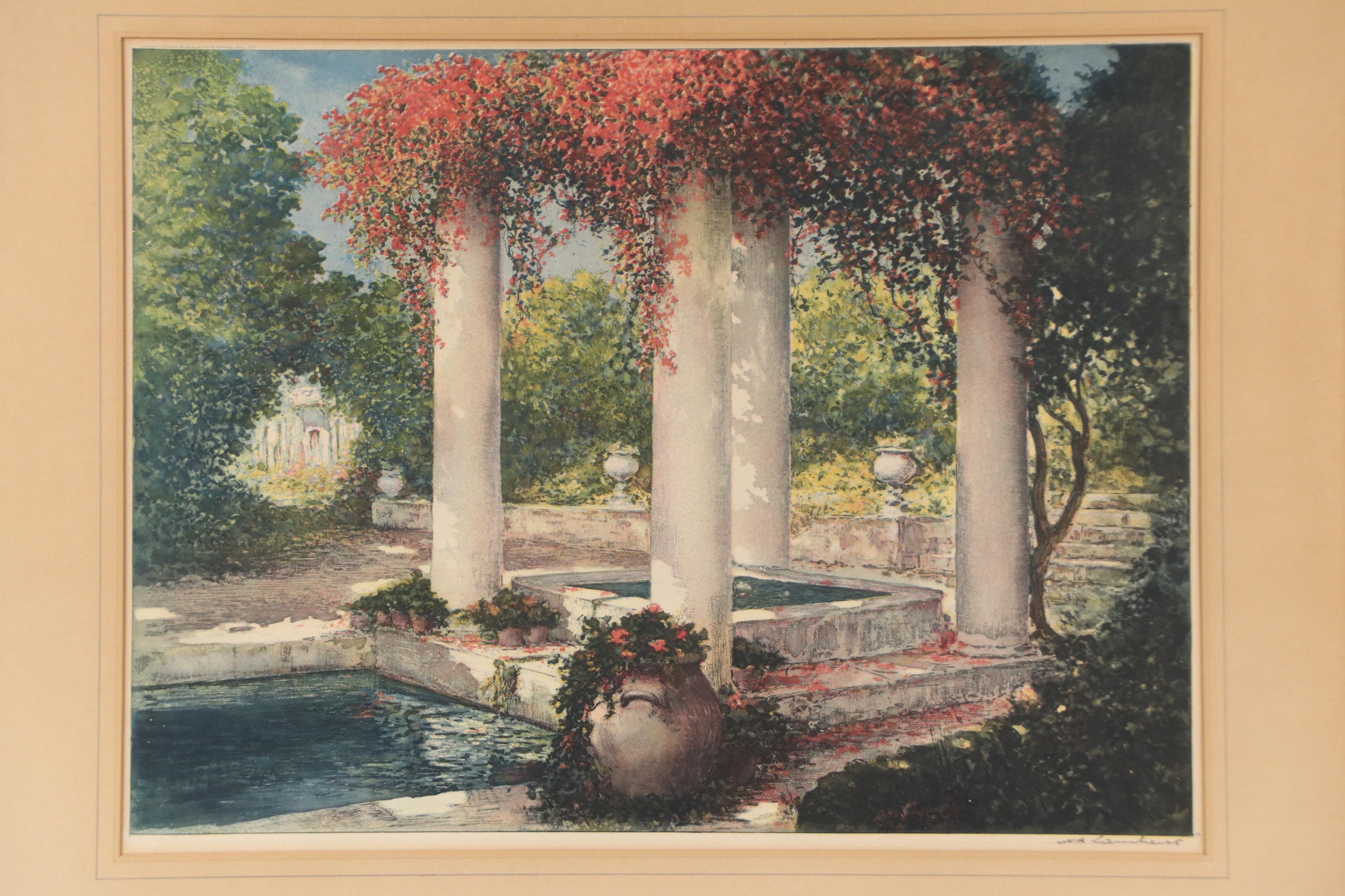 Lithograph of Garden Scene with Architectural Elements