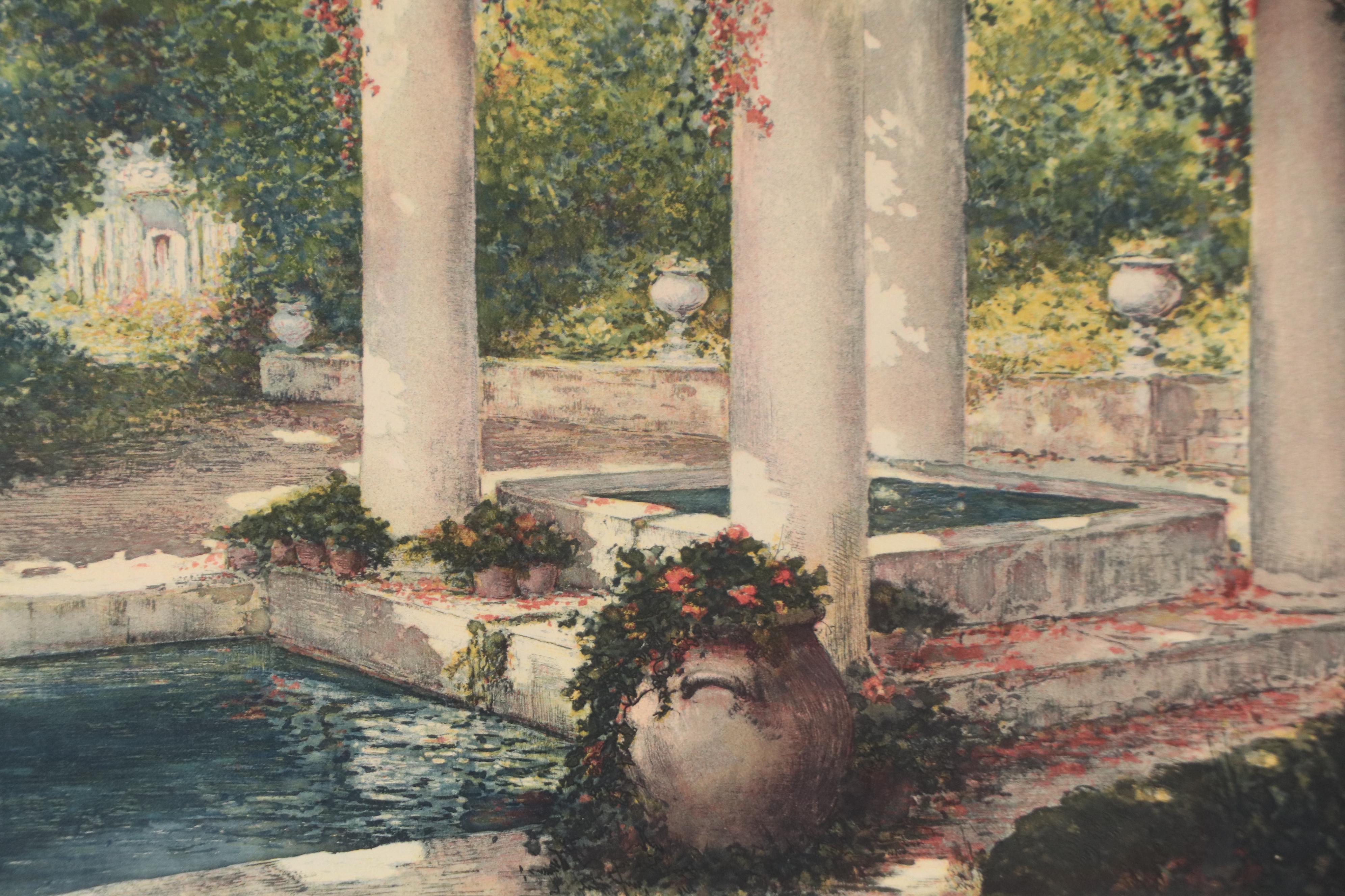 Lithograph of Garden Scene with Architectural Elements