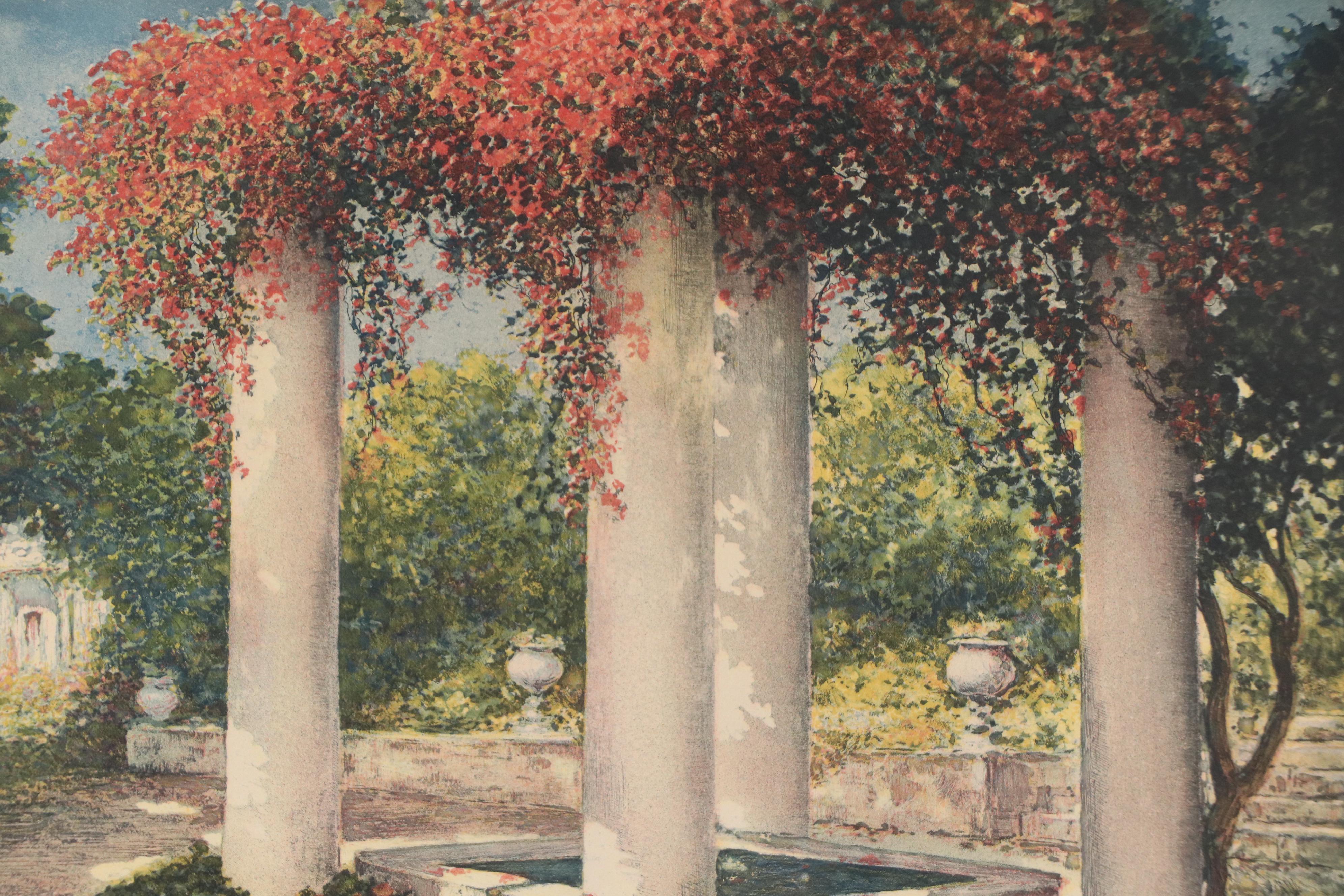 Lithograph of Garden Scene with Architectural Elements