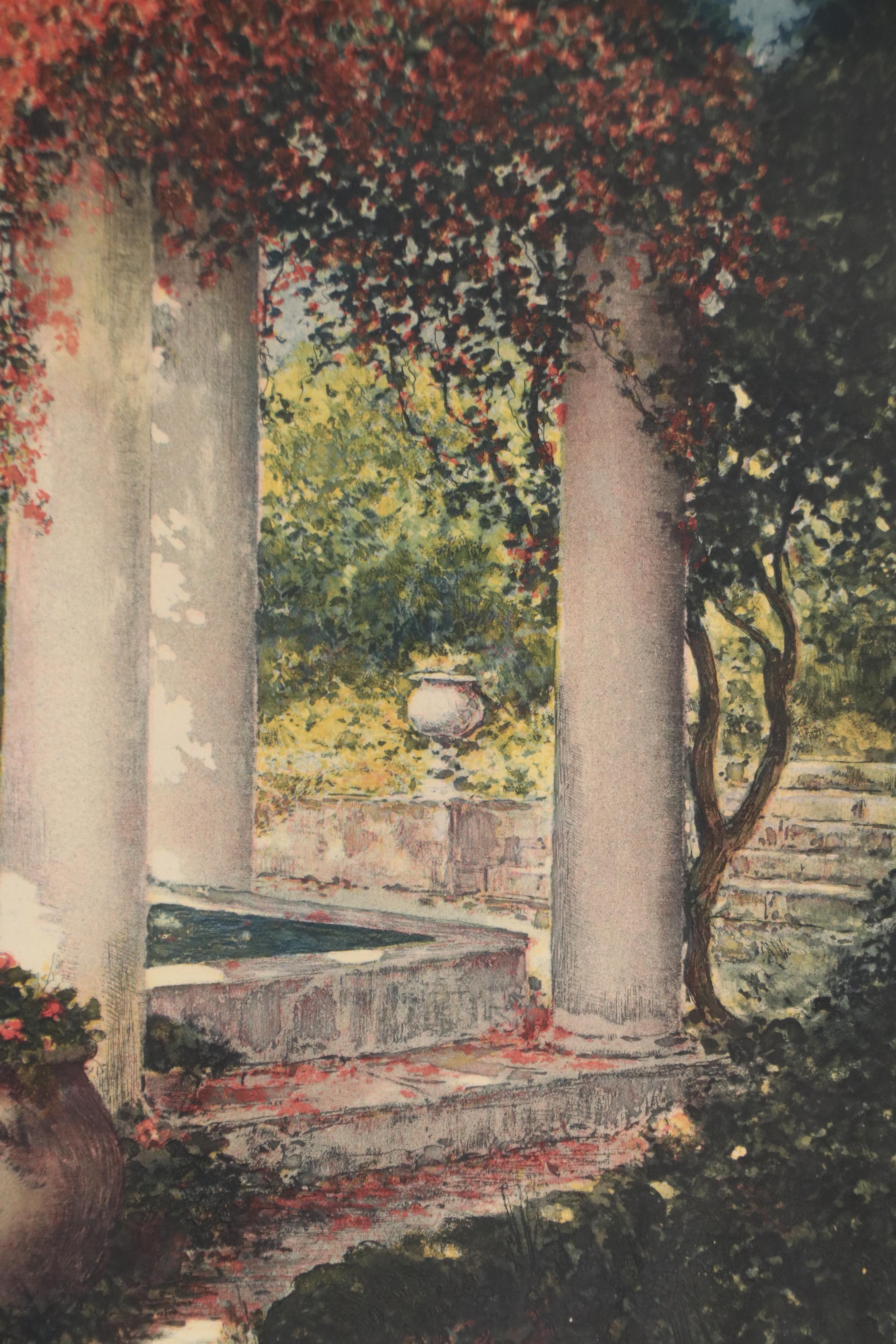 Lithograph of Garden Scene with Architectural Elements
