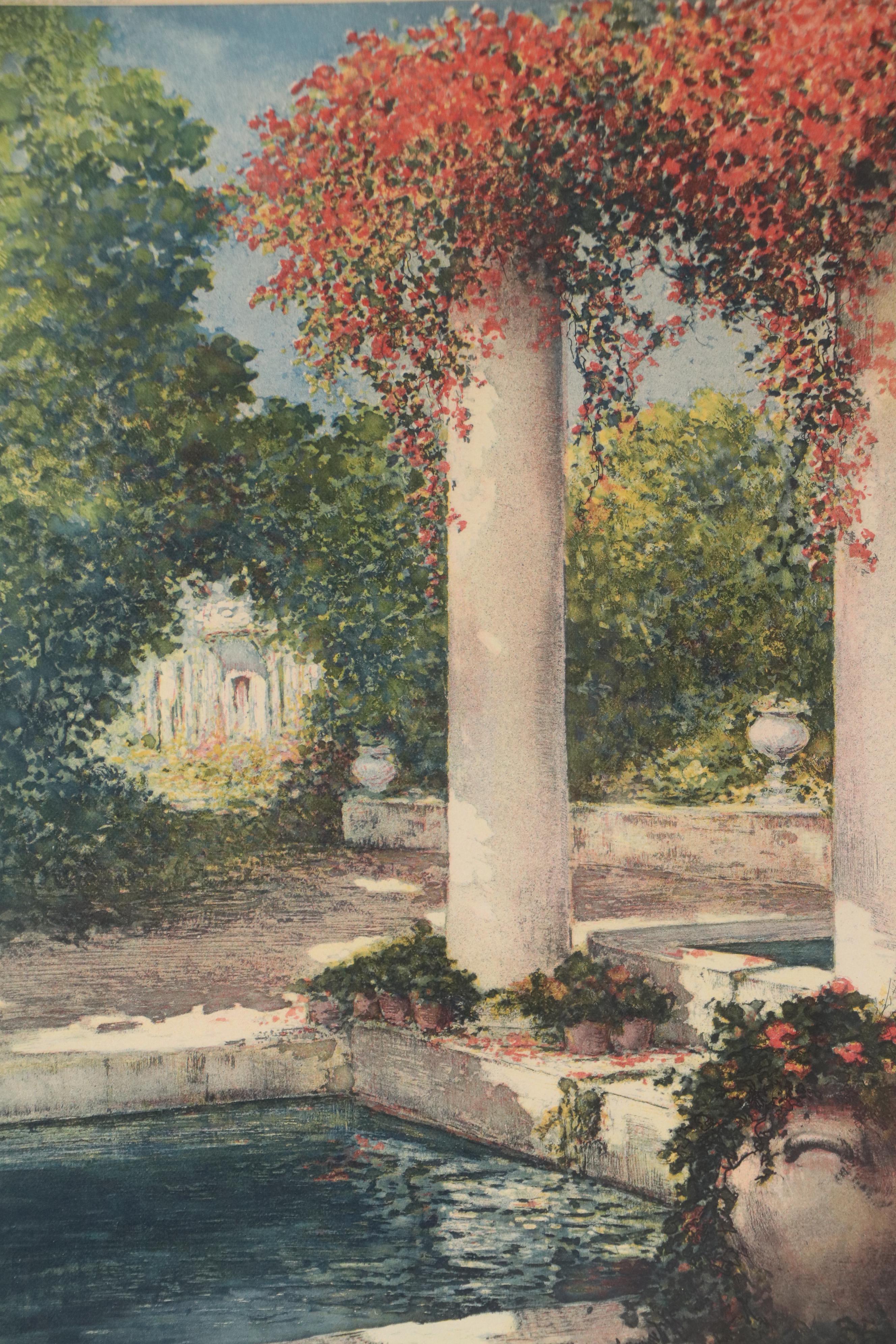 Lithograph of Garden Scene with Architectural Elements