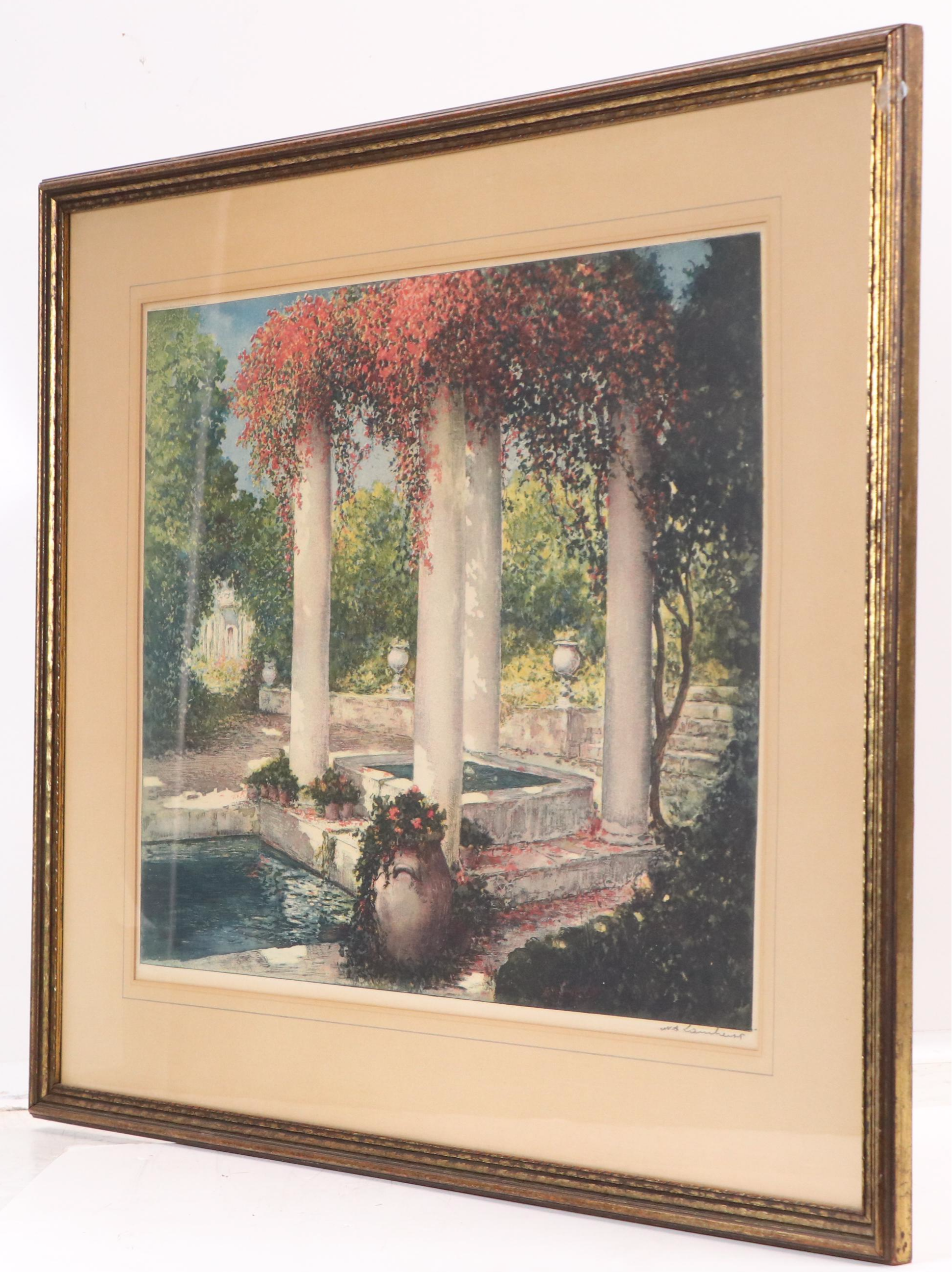 Lithograph of Garden Scene with Architectural Elements