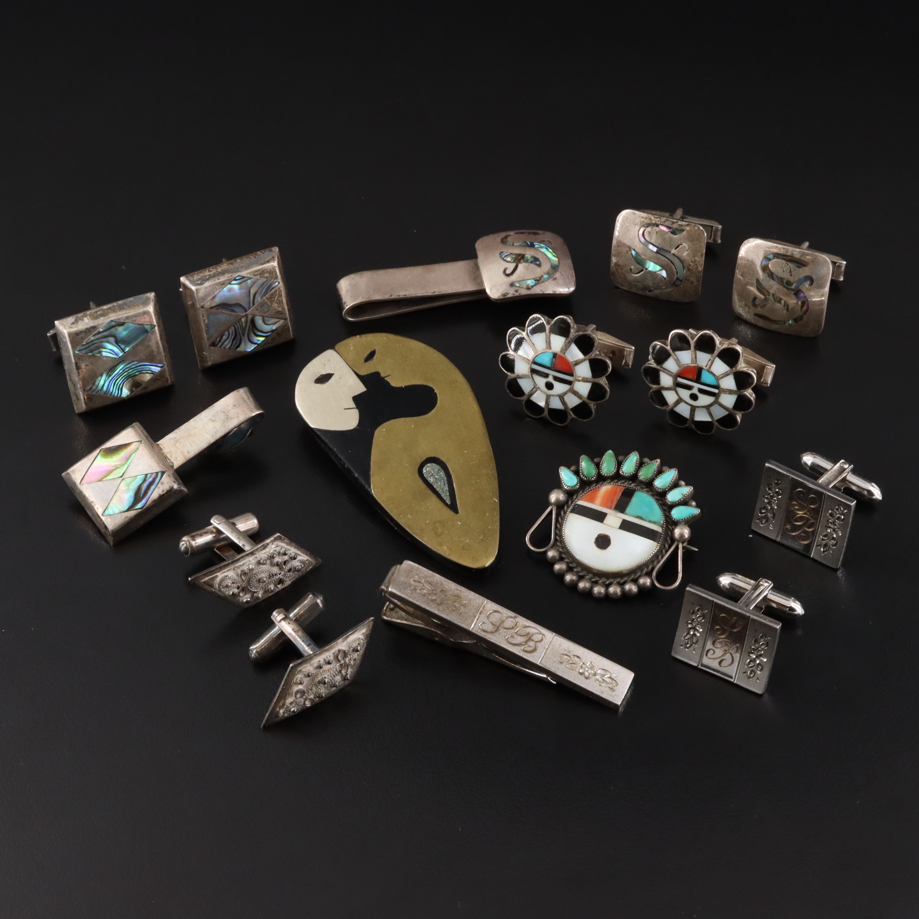Sterling Brooches, Cufflinks and Tie Clips Featuring Abalone and Coral