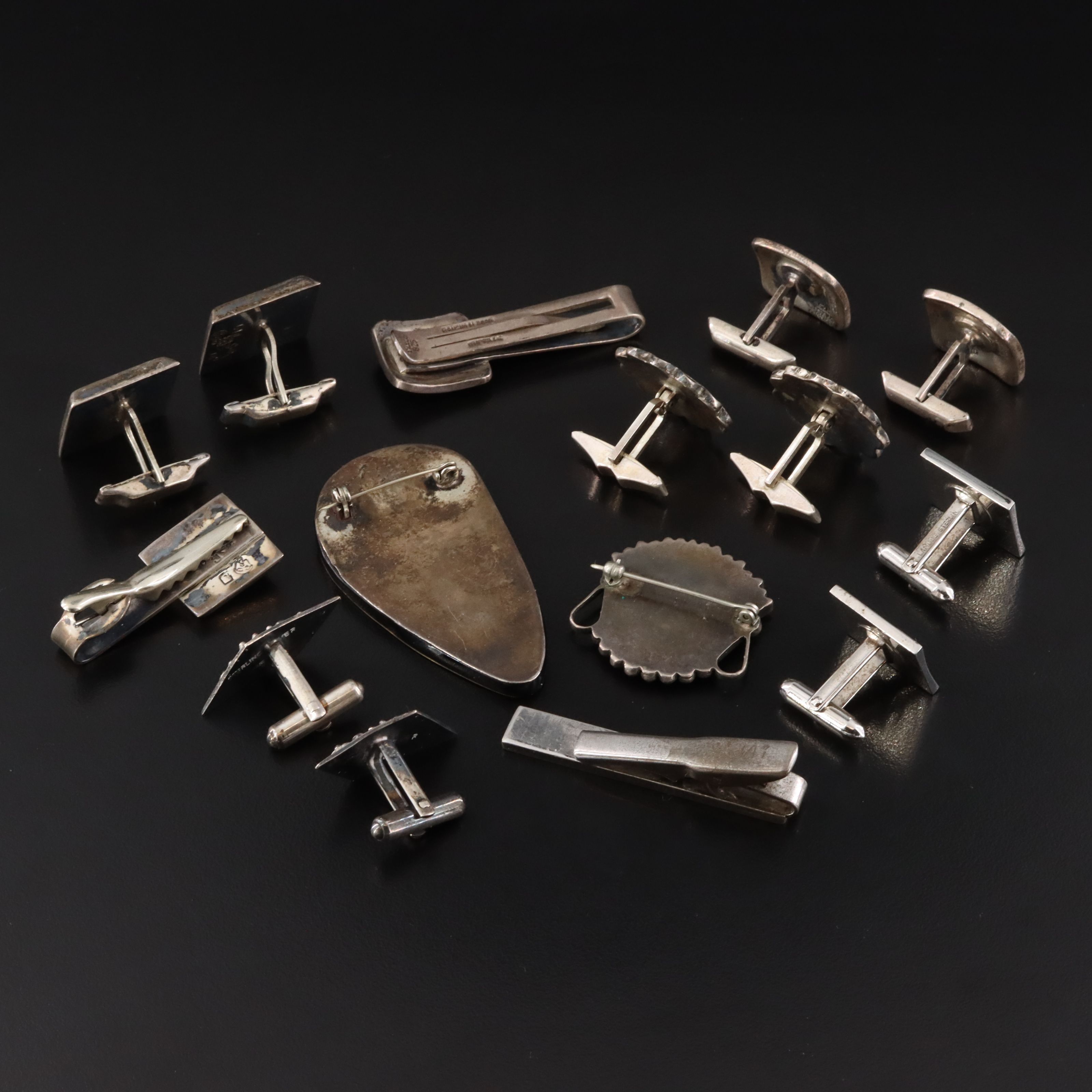 Sterling Brooches, Cufflinks and Tie Clips Featuring Abalone and Coral