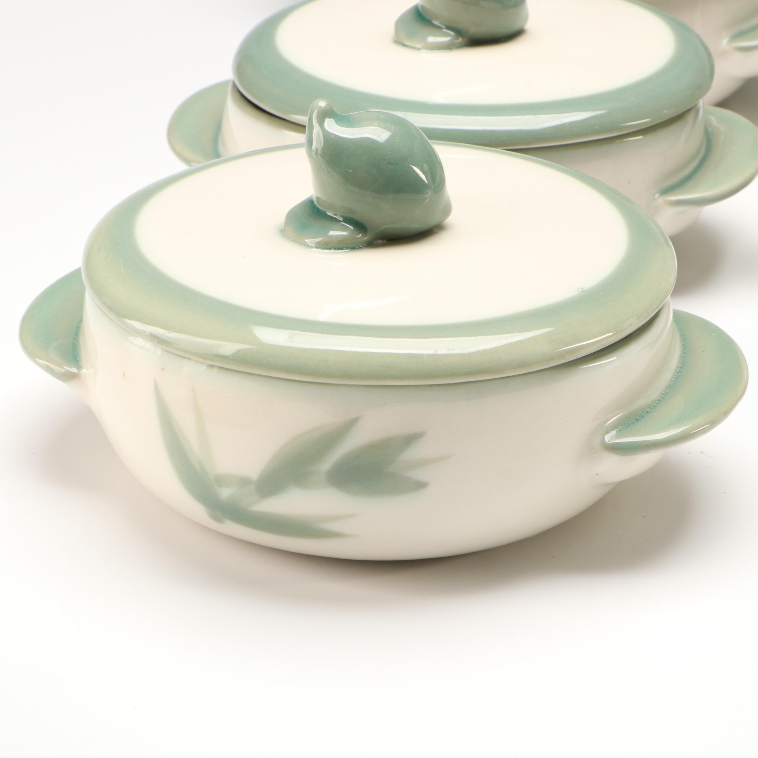 Gabriel Pasadena Celadon Soup Tureens with Japanese Leaf Dishes