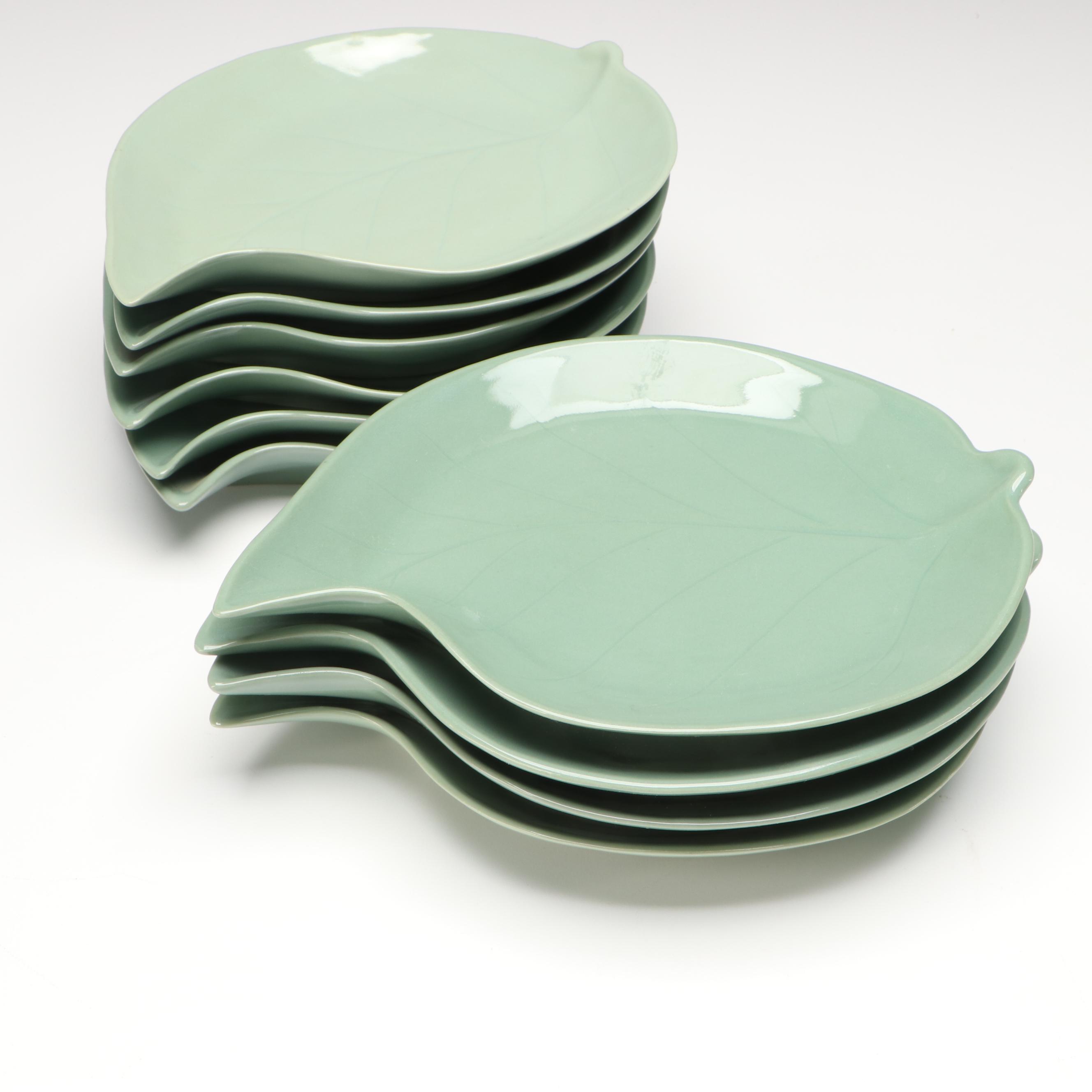 Gabriel Pasadena Celadon Soup Tureens with Japanese Leaf Dishes