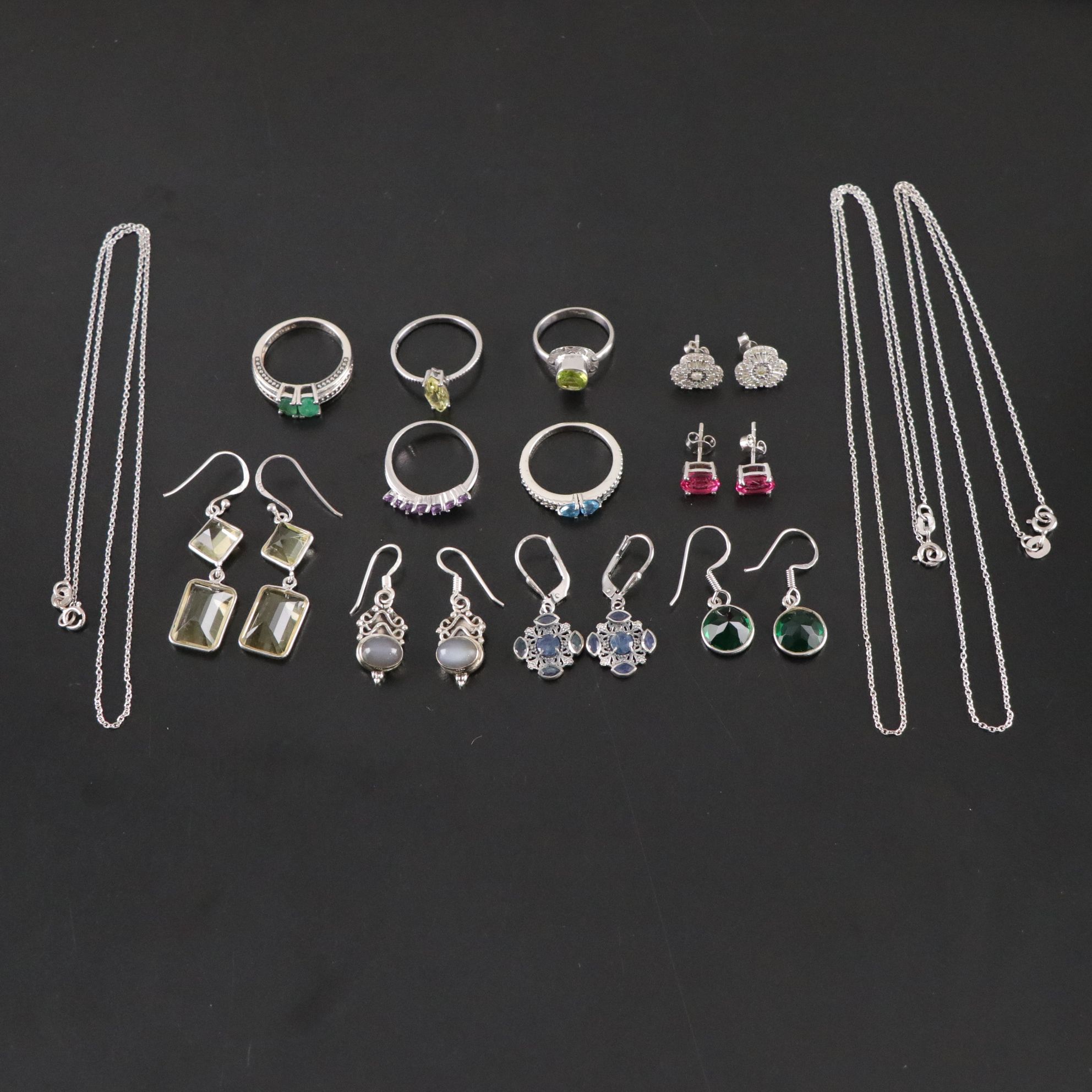 14 Assorted Sterling Silver Rings, Necklaces and Earrings