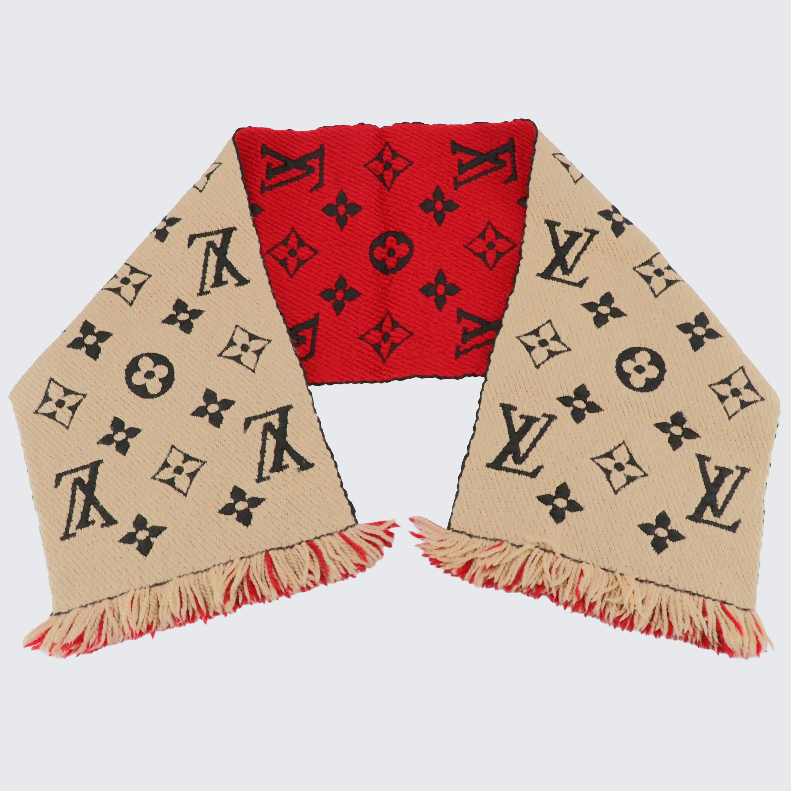 Louis Vuitton Logomania Fringe Scarf in Beige and Red Wool/Silk Blend