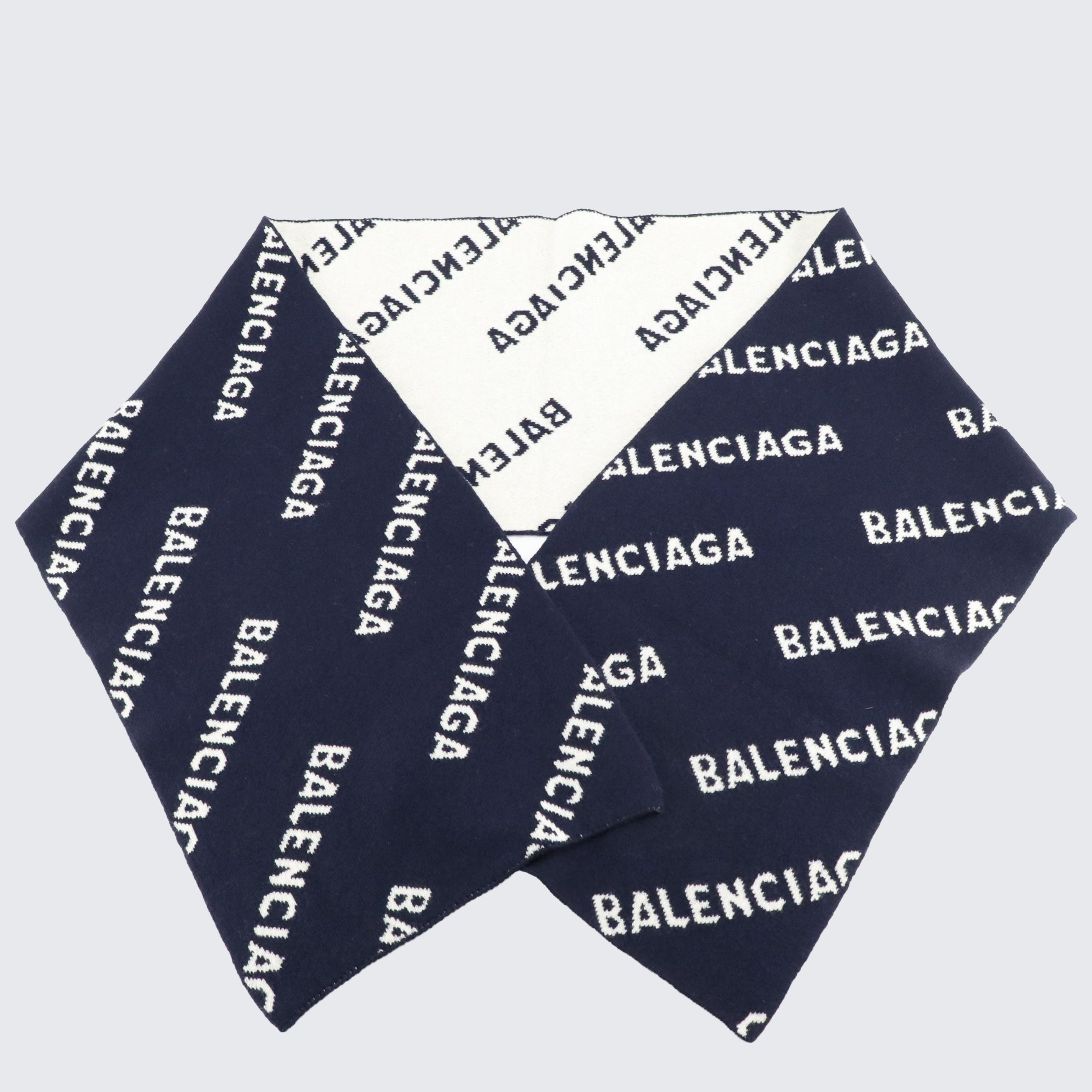 Balenciaga Allover Logo Scarf in Navy and White Wool Jacquard, With Tags