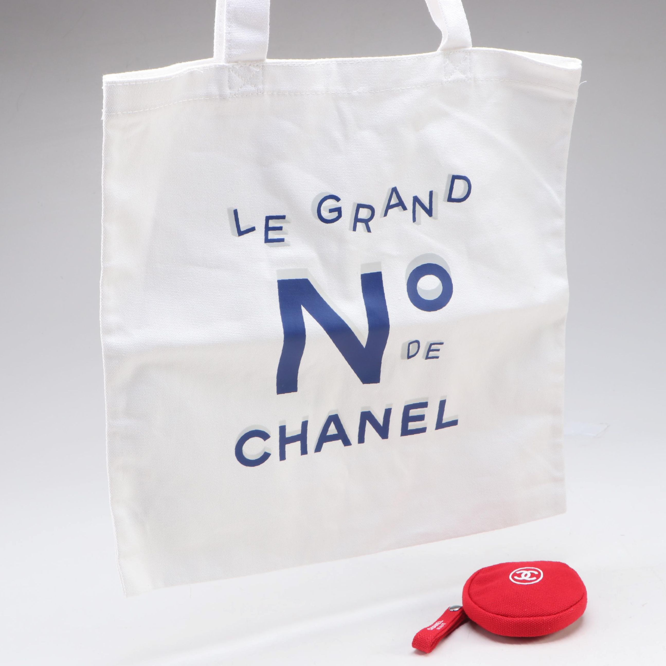 Chanel Beaute Mini Round Zip Pouch and Chanel Parfums Le Grand White Canvas Tote
