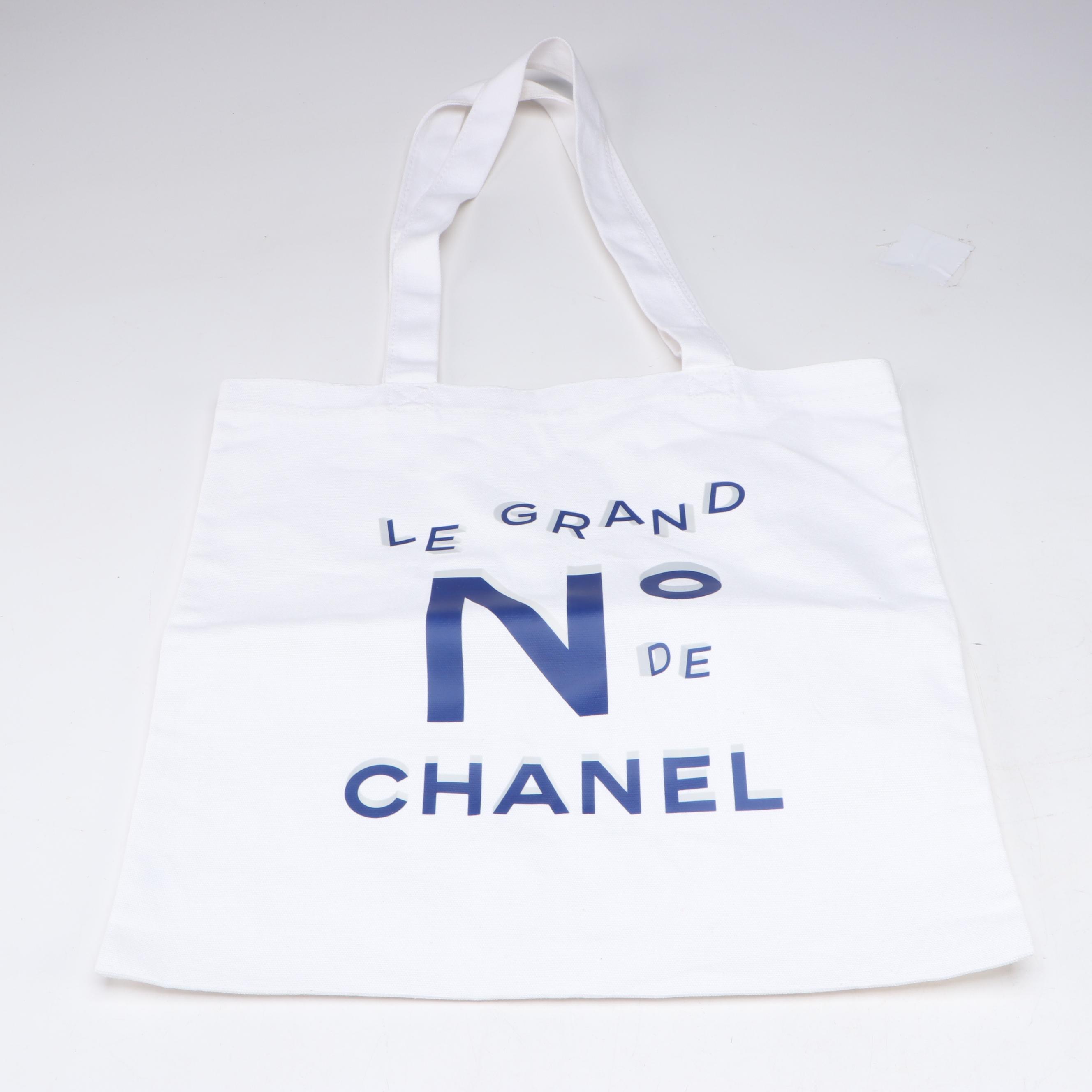 Chanel Beaute Mini Round Zip Pouch and Chanel Parfums Le Grand White Canvas Tote
