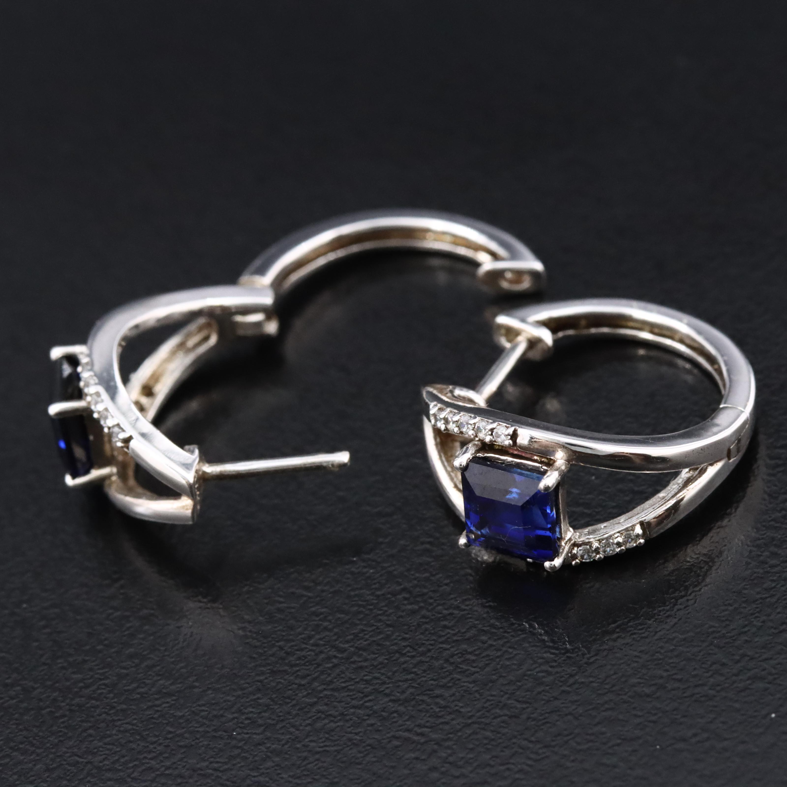 Sterling Sapphire and CZ Hoop Earrings