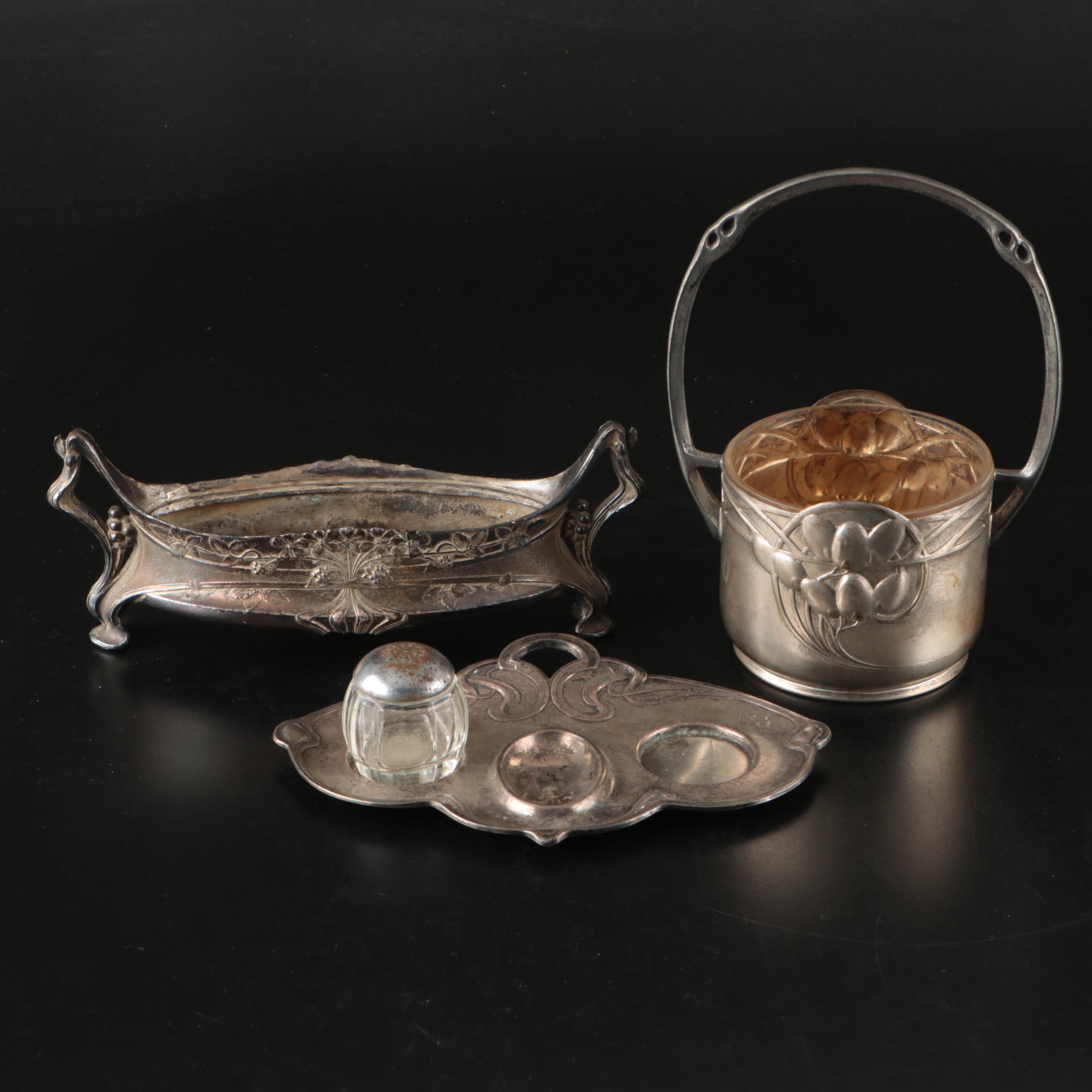 Art Nouveau Silver Plate Egg and Salt Plate with More Silver Plate Tableware