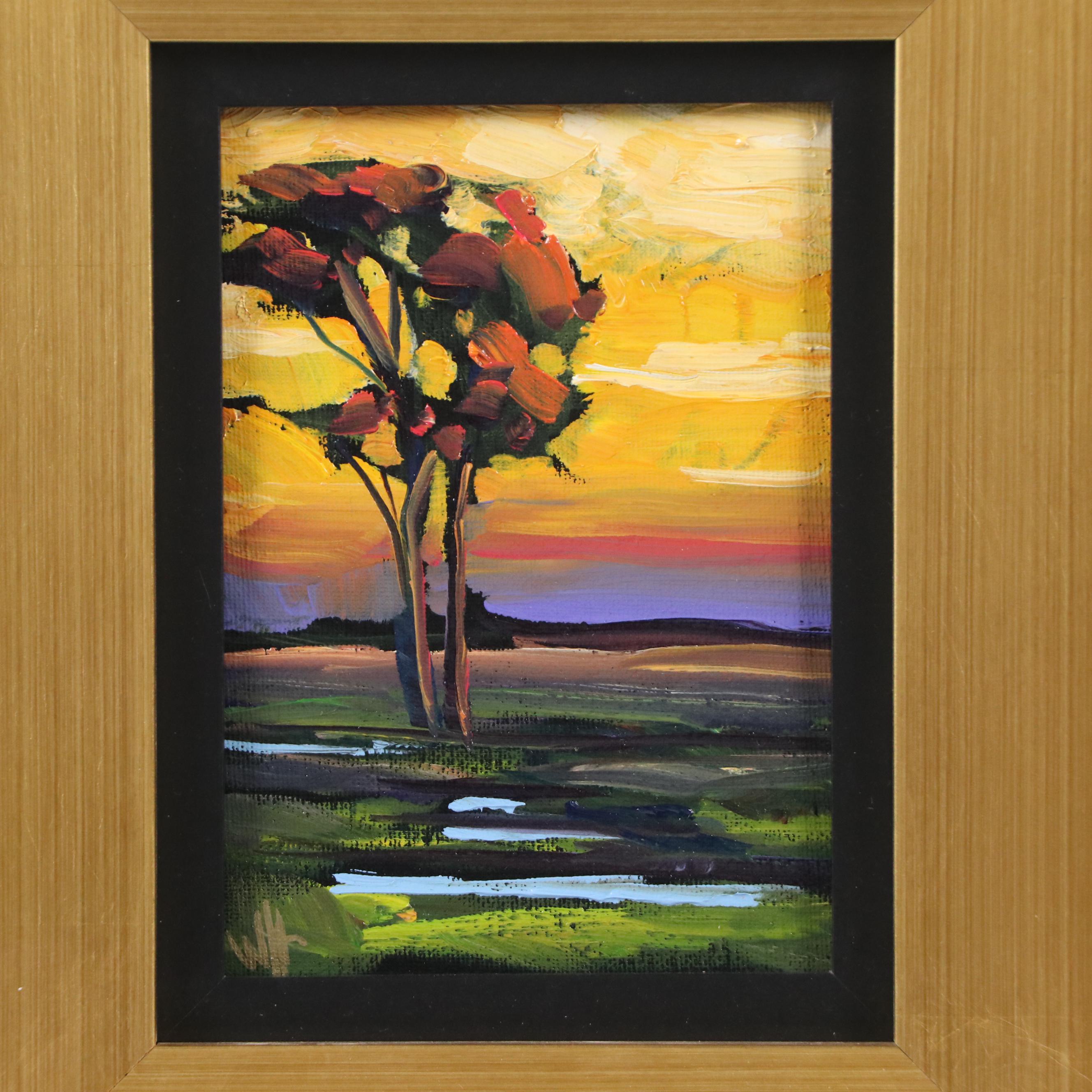 Impressionistic Oil Painting of Tree at Sunset, 21st Century