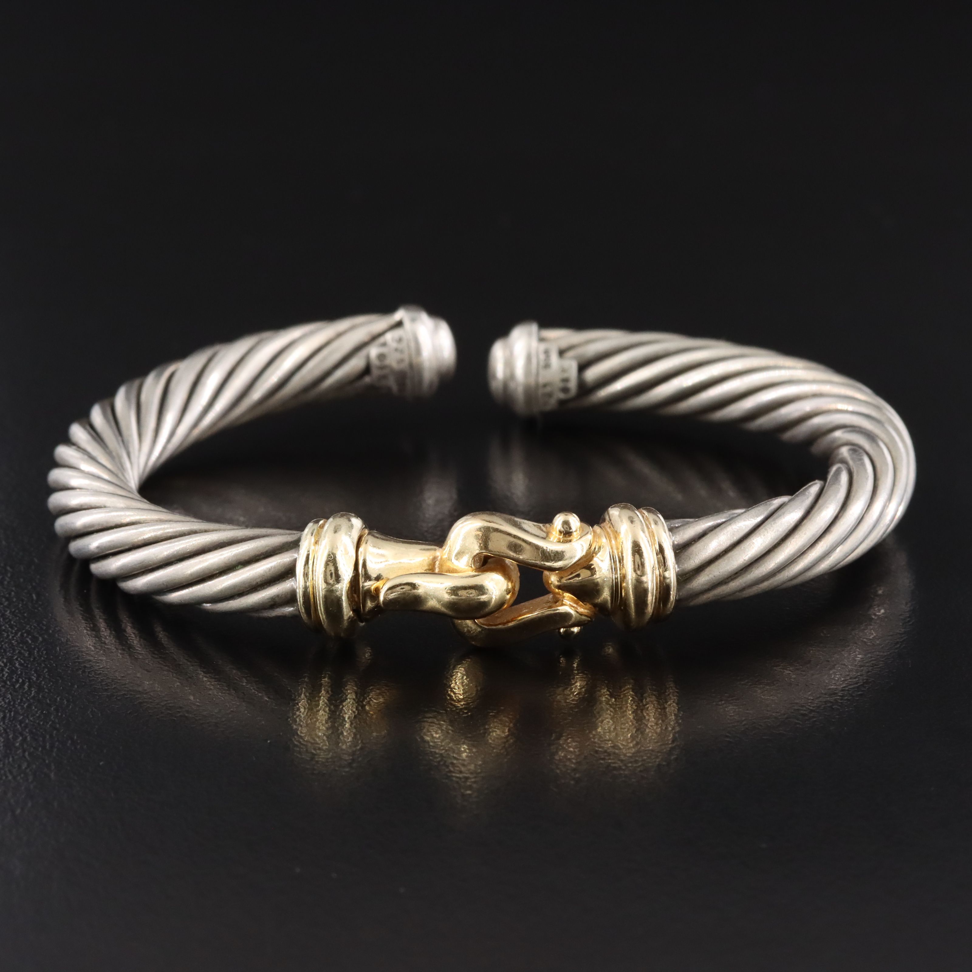 David Yurman Sterling and 18K Cable Buckle Hinged Cuff Bracelet