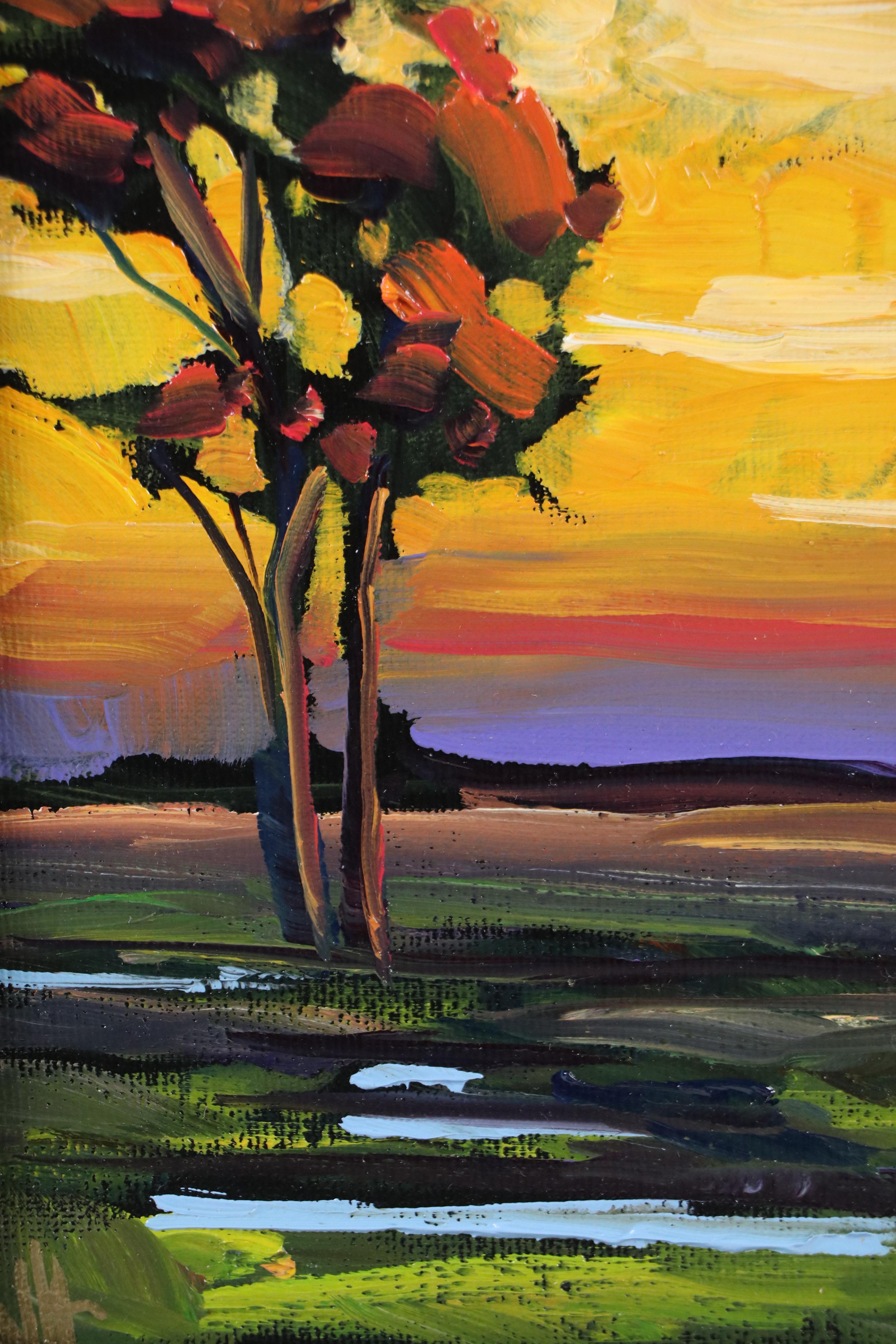 Impressionistic Oil Painting of Tree at Sunset, 21st Century