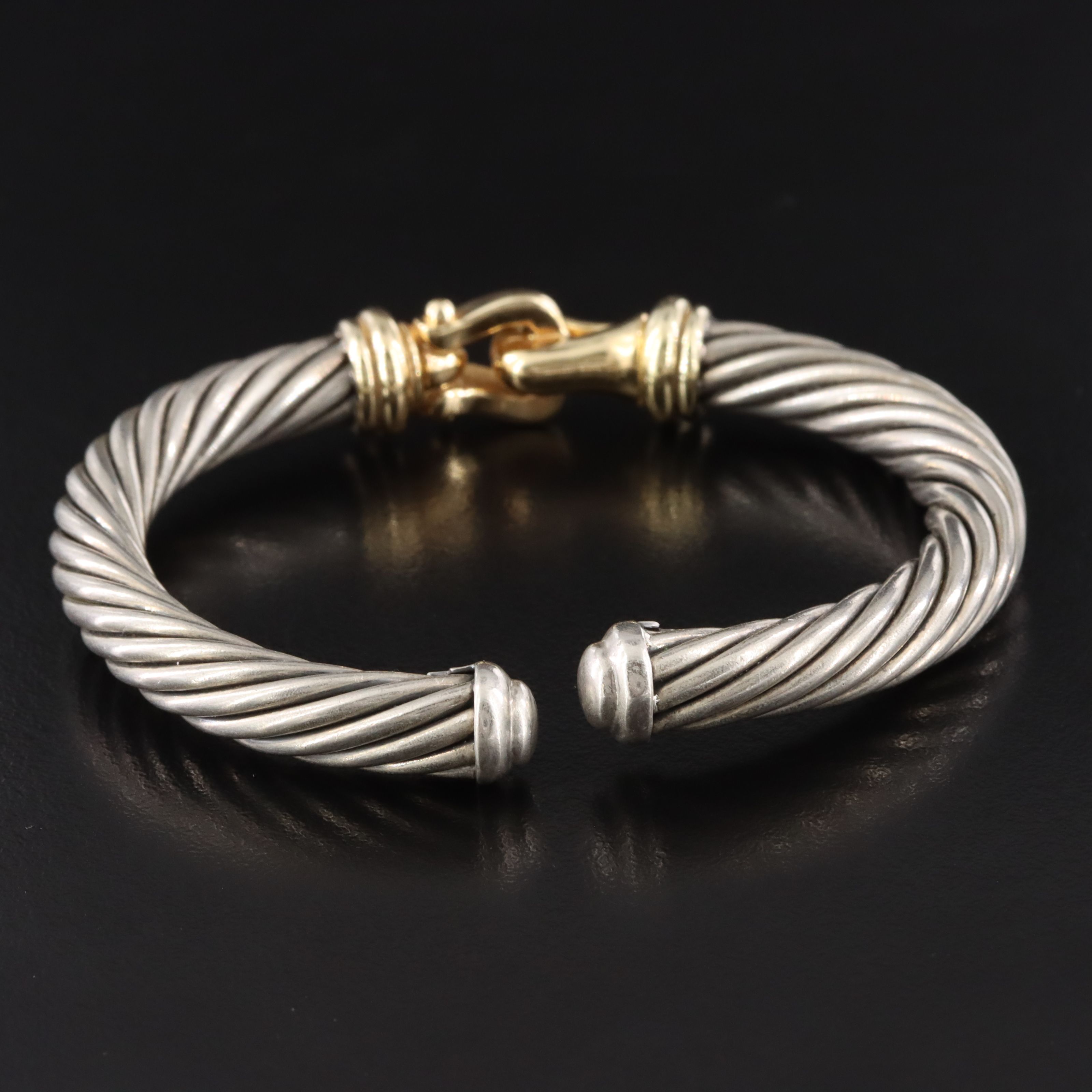 David Yurman Sterling and 18K Cable Buckle Hinged Cuff Bracelet