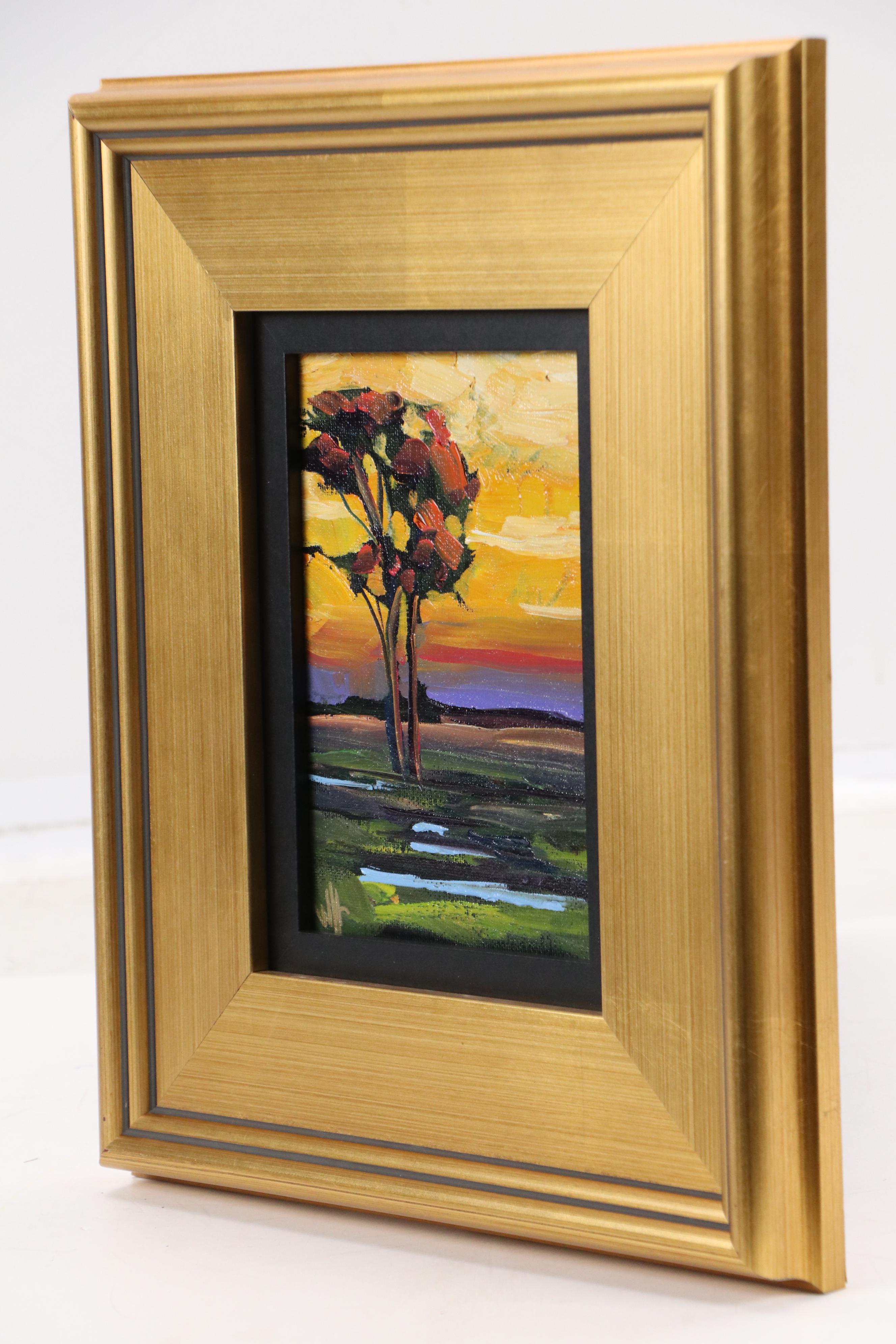 Impressionistic Oil Painting of Tree at Sunset, 21st Century