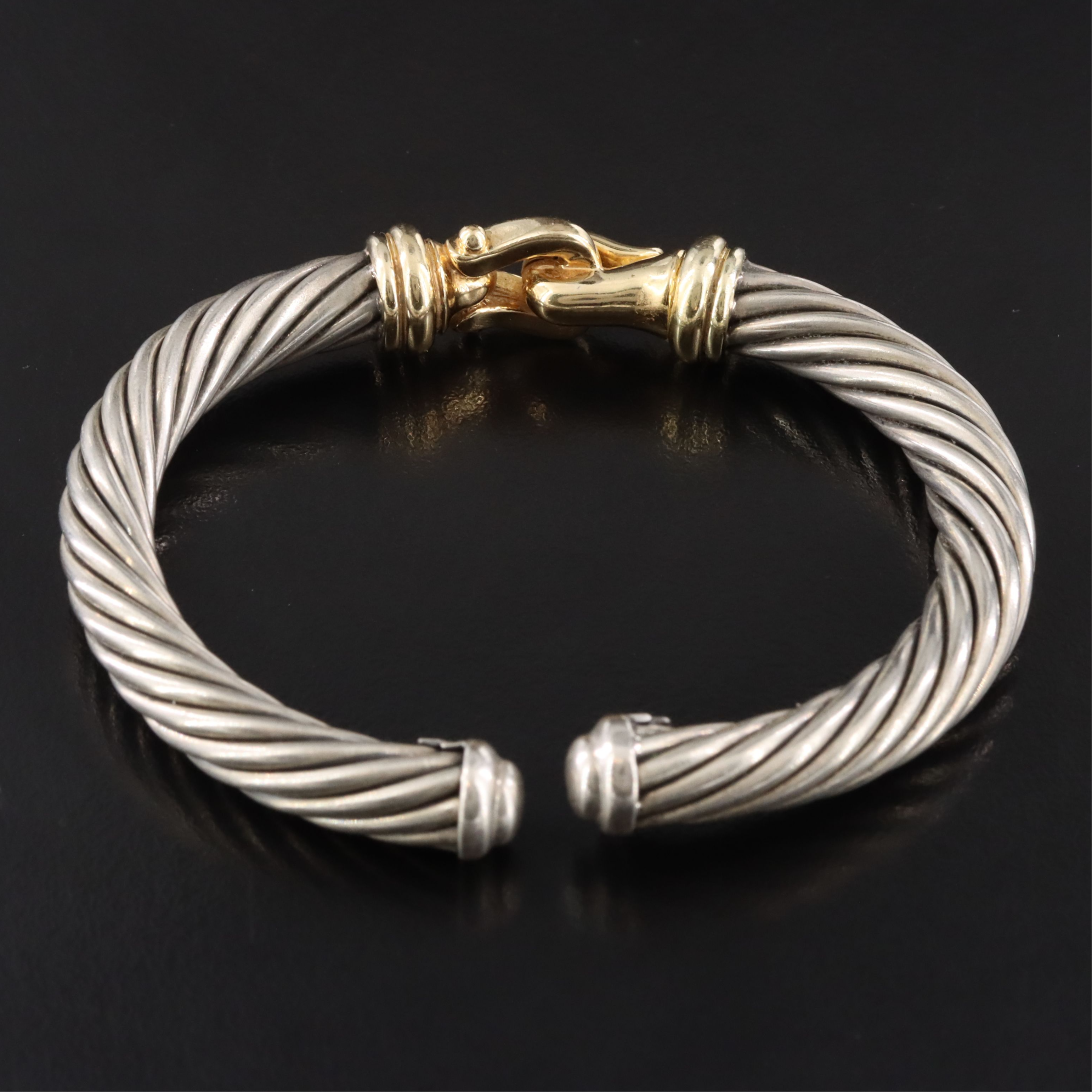 David Yurman Sterling and 18K Cable Buckle Hinged Cuff Bracelet