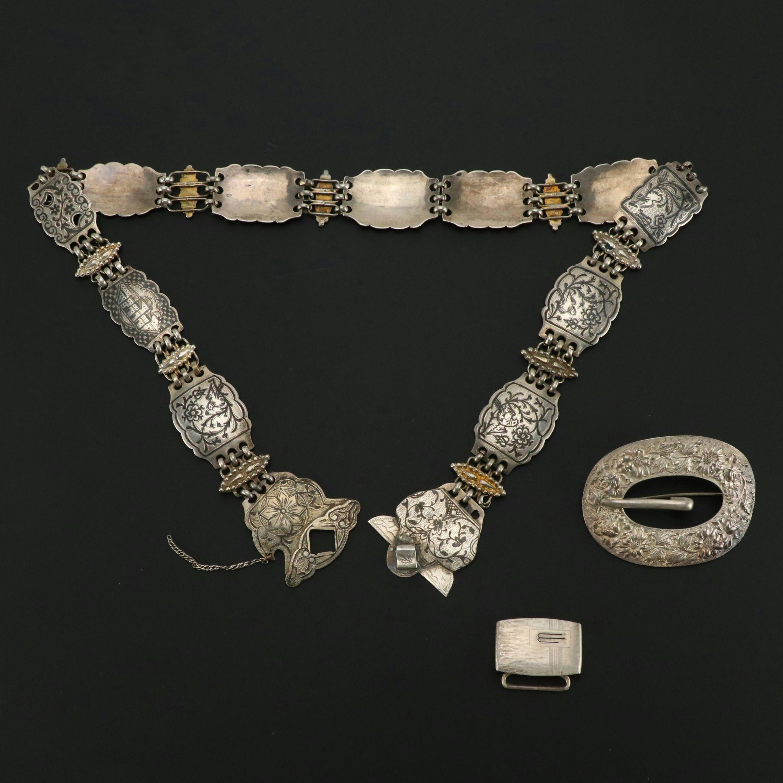 Sterling Silver Brooch Pin and Belt Buckle with Niello Silver Plate Panel Belt