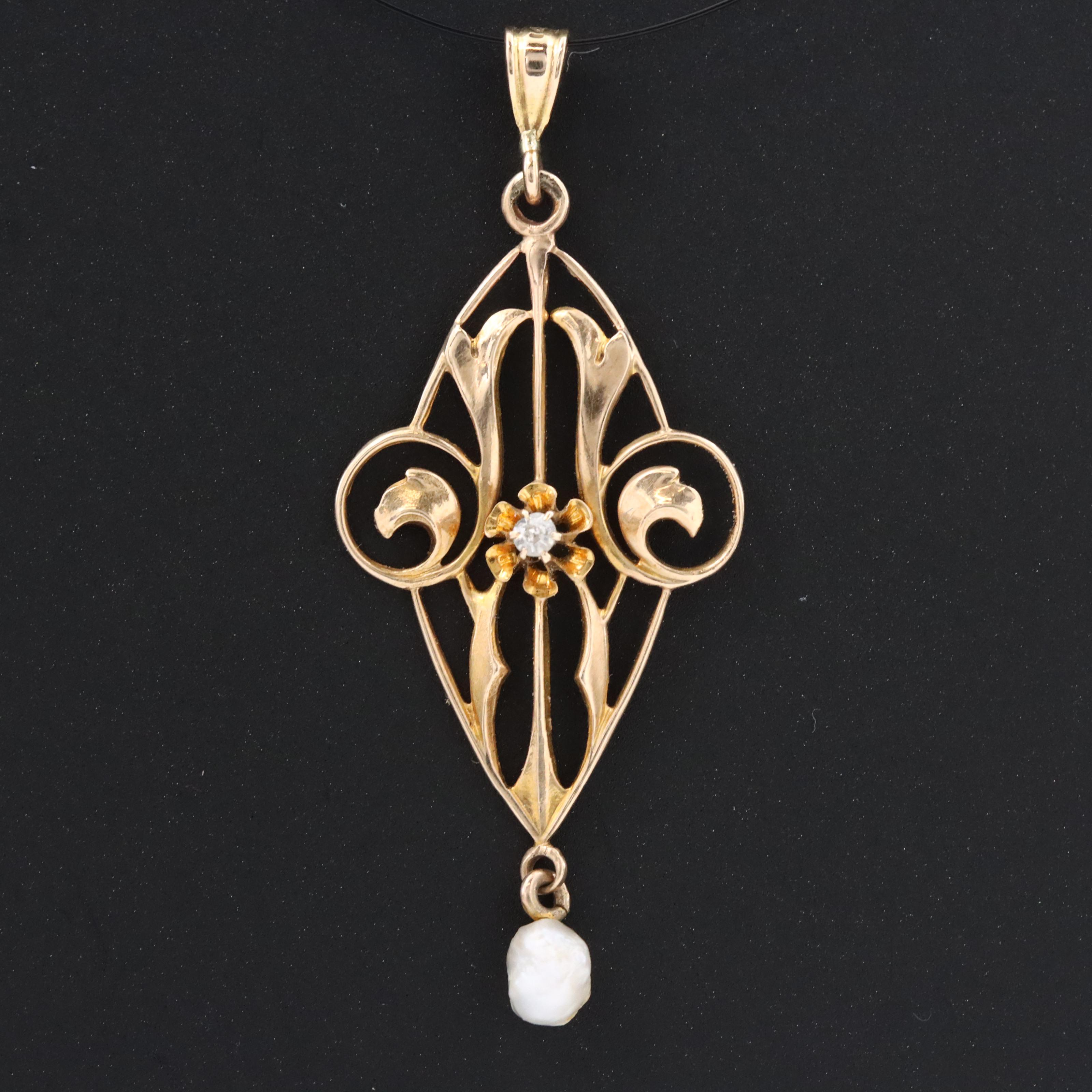 Art Nouveau 10K 0.02 CT Diamond and Seed Pearl Pendant