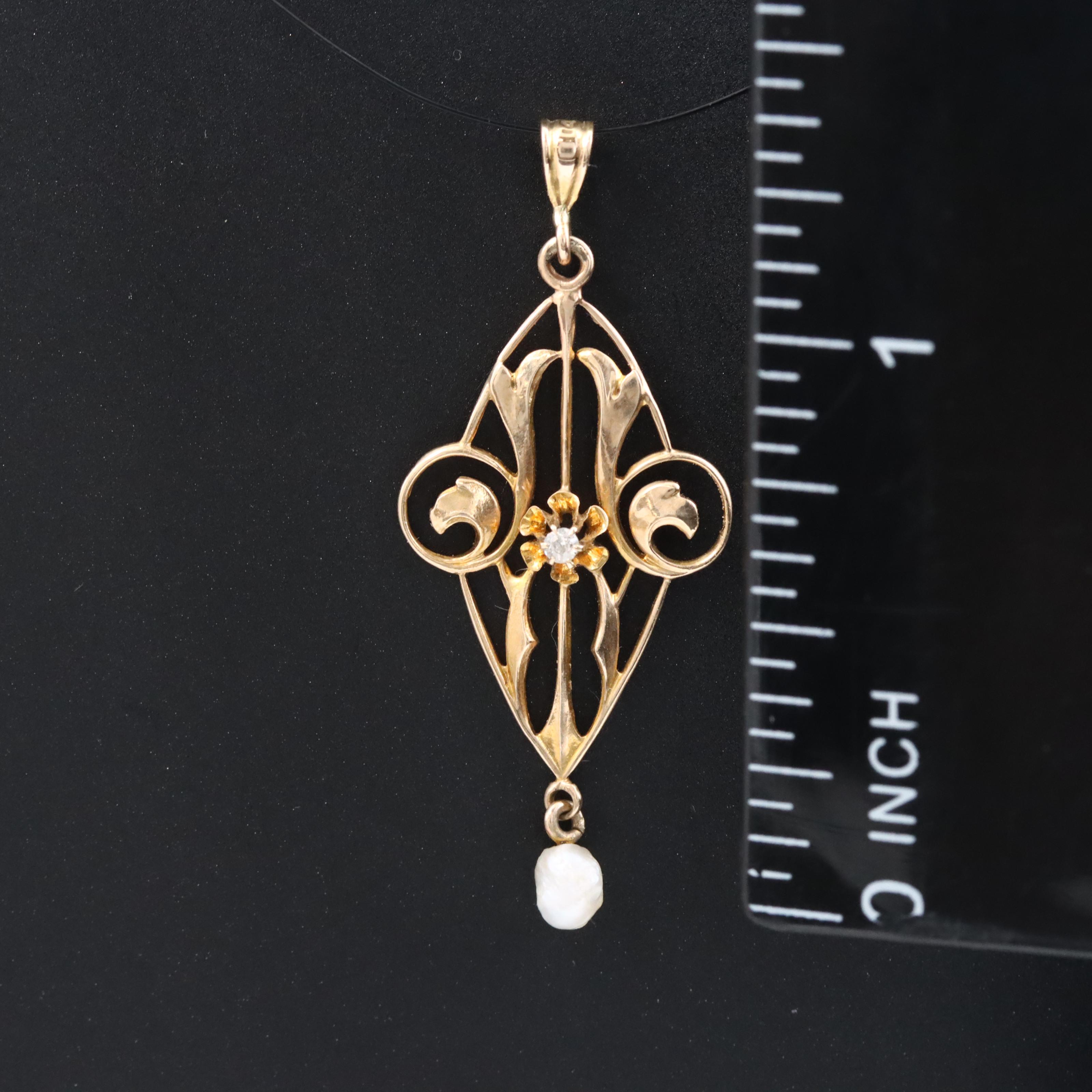 Art Nouveau 10K 0.02 CT Diamond and Seed Pearl Pendant