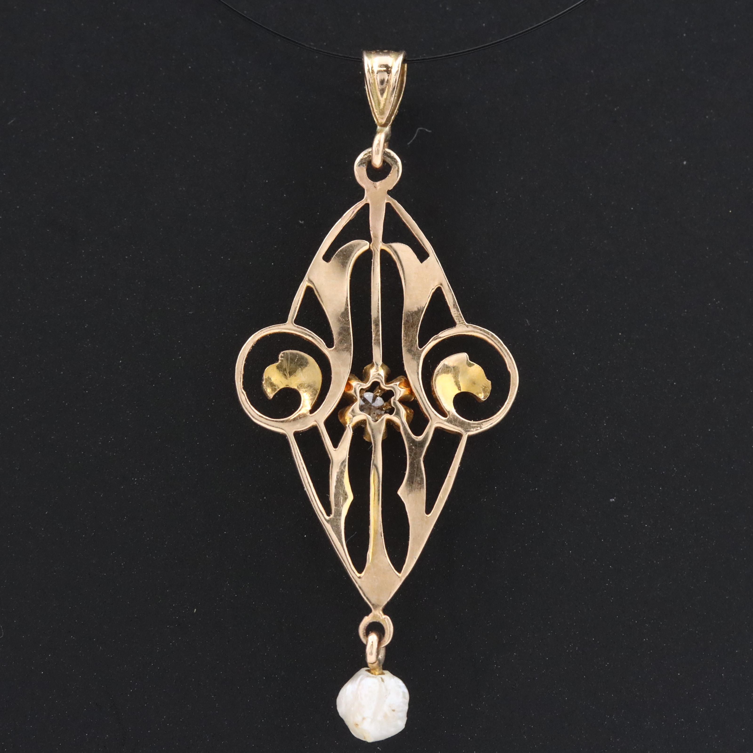 Art Nouveau 10K 0.02 CT Diamond and Seed Pearl Pendant