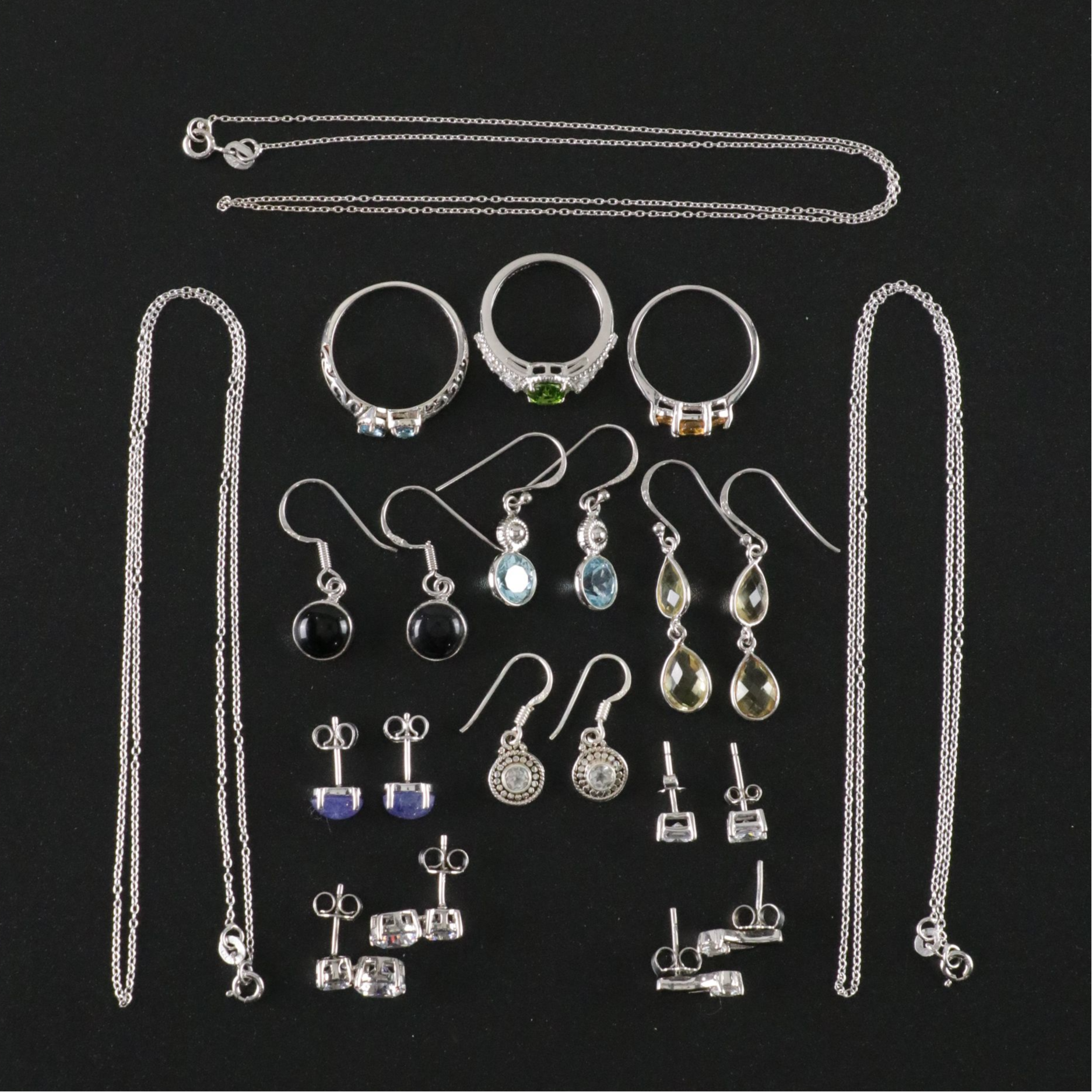 14 Assorted Sterling Silver Rings, Necklaces and Earrings
