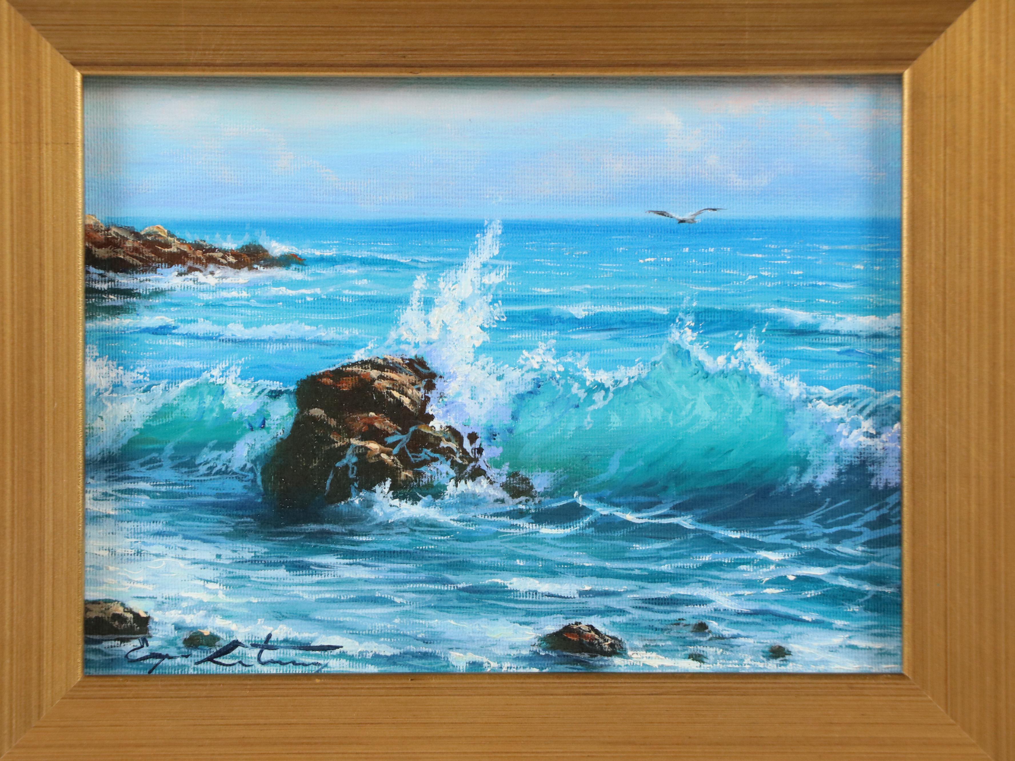 Realistic Oil Painting of Wave Crashing on Rock, 21st Century