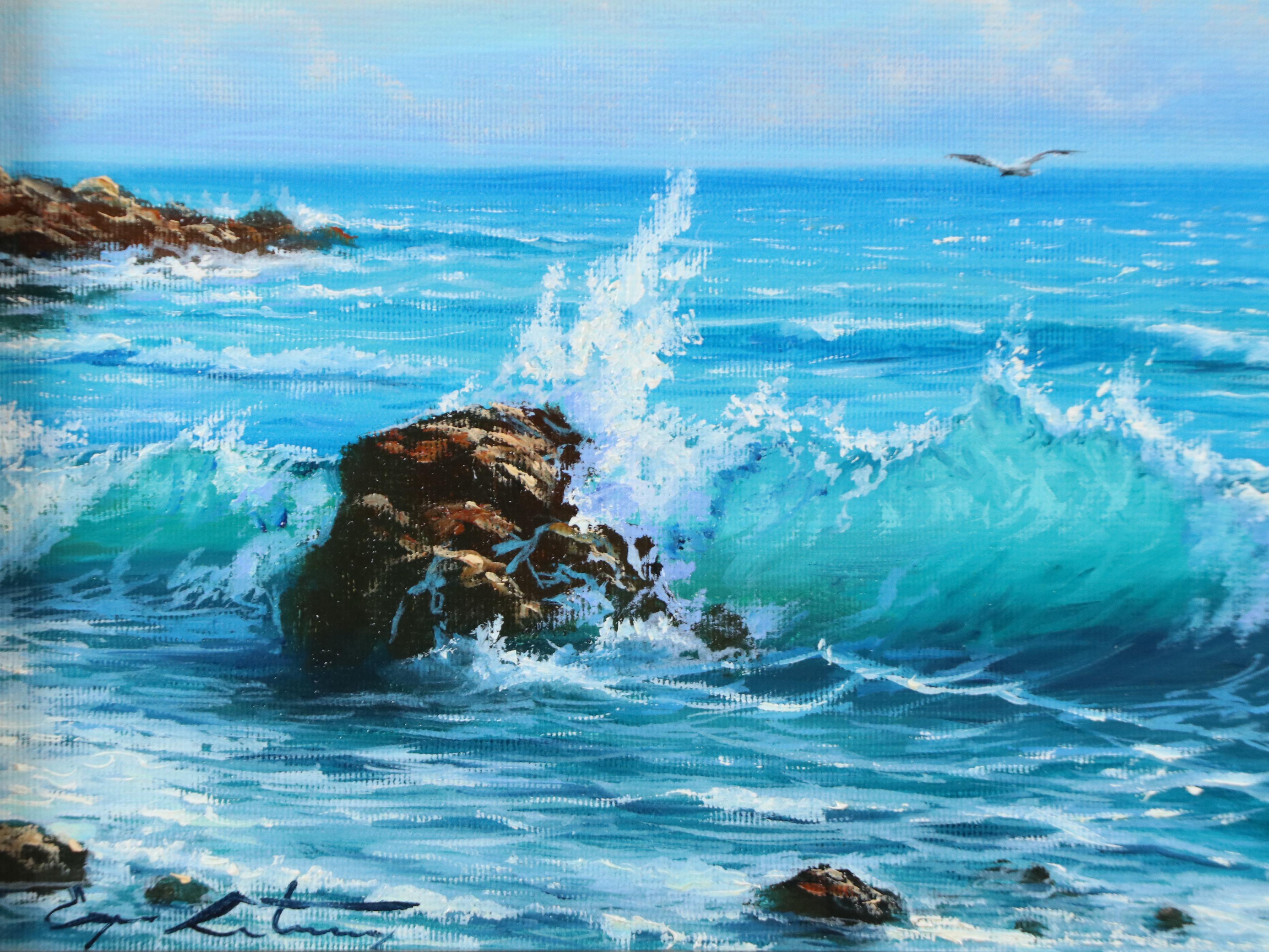 Realistic Oil Painting of Wave Crashing on Rock, 21st Century