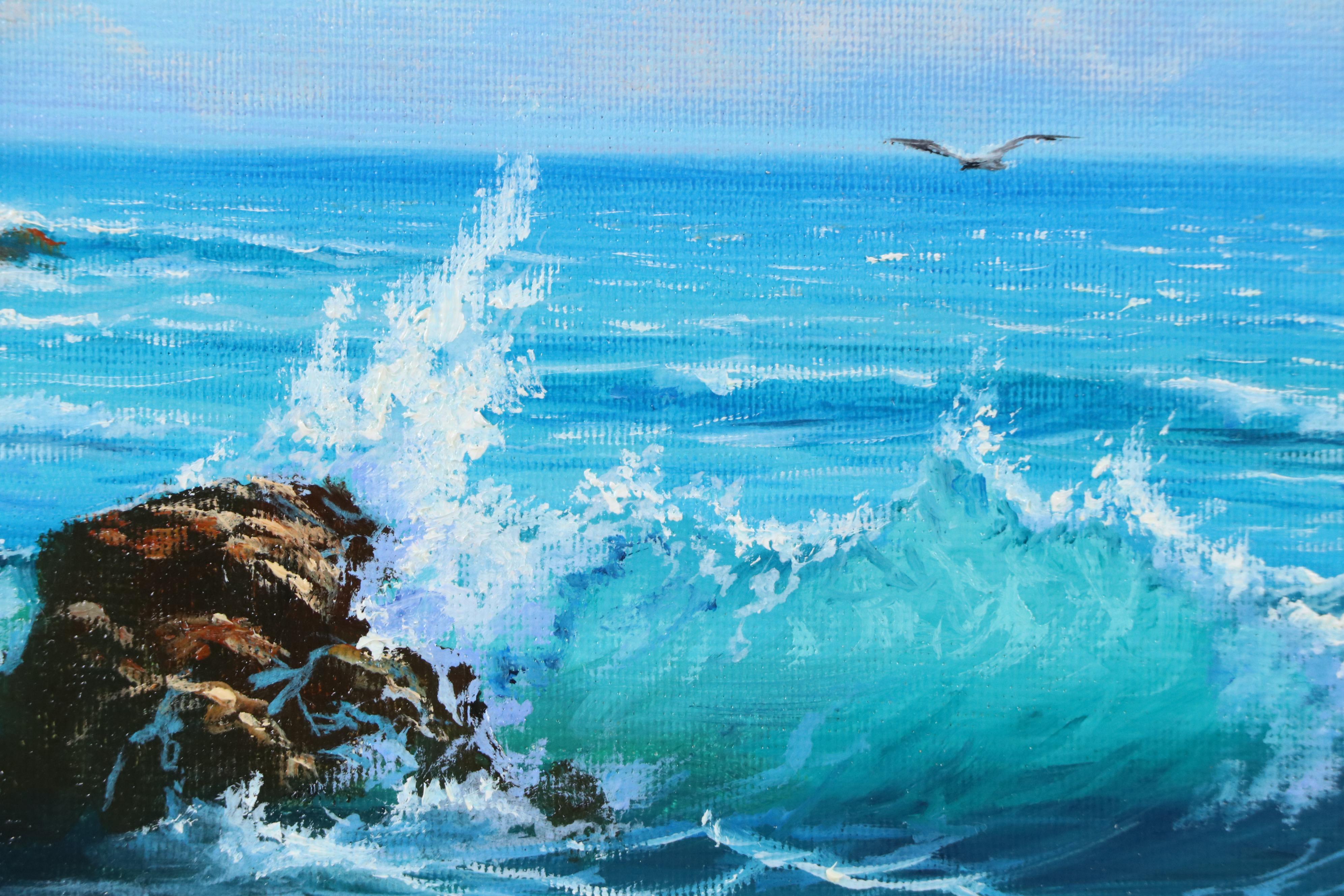 Realistic Oil Painting of Wave Crashing on Rock, 21st Century