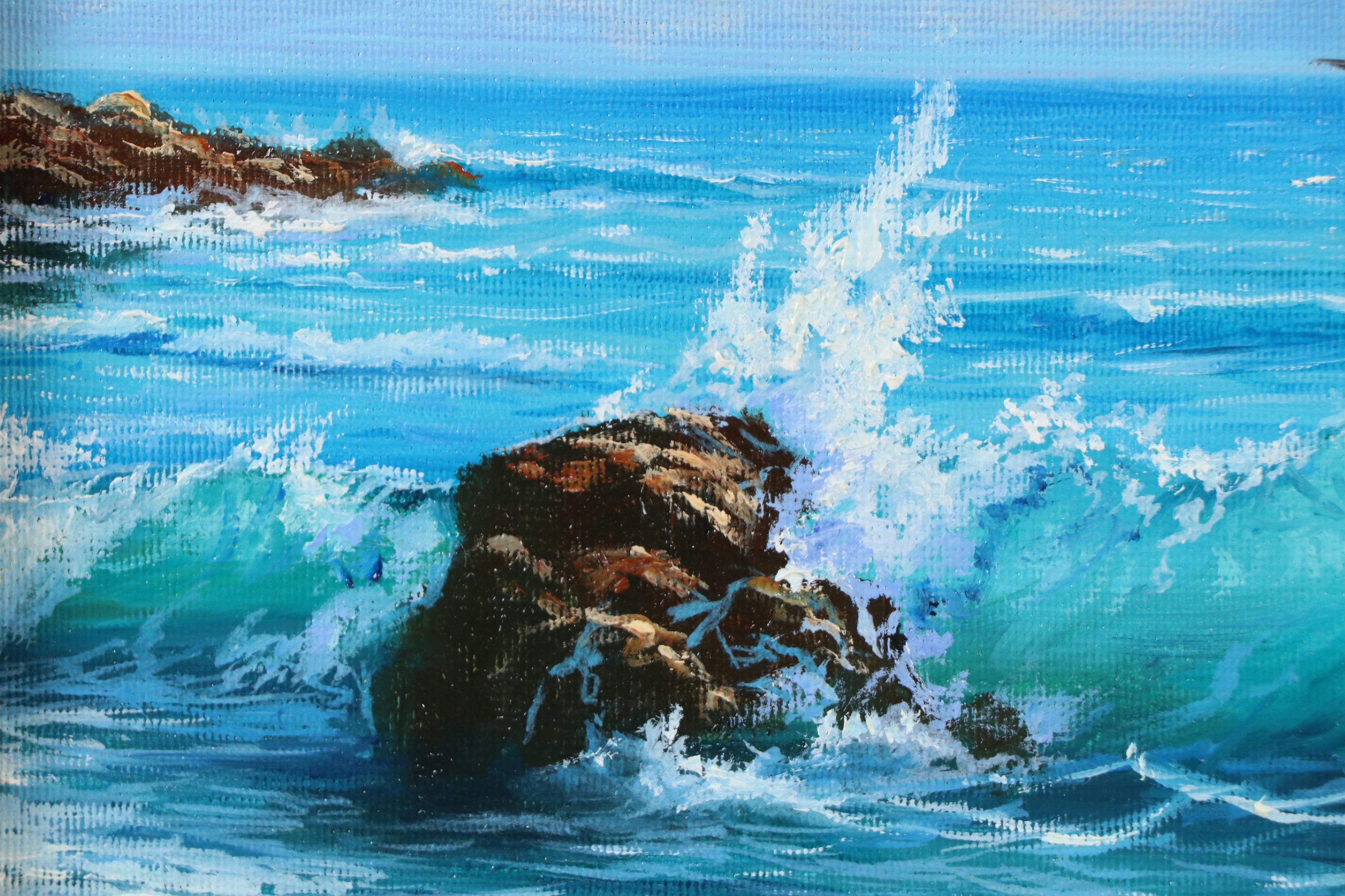 Realistic Oil Painting of Wave Crashing on Rock, 21st Century