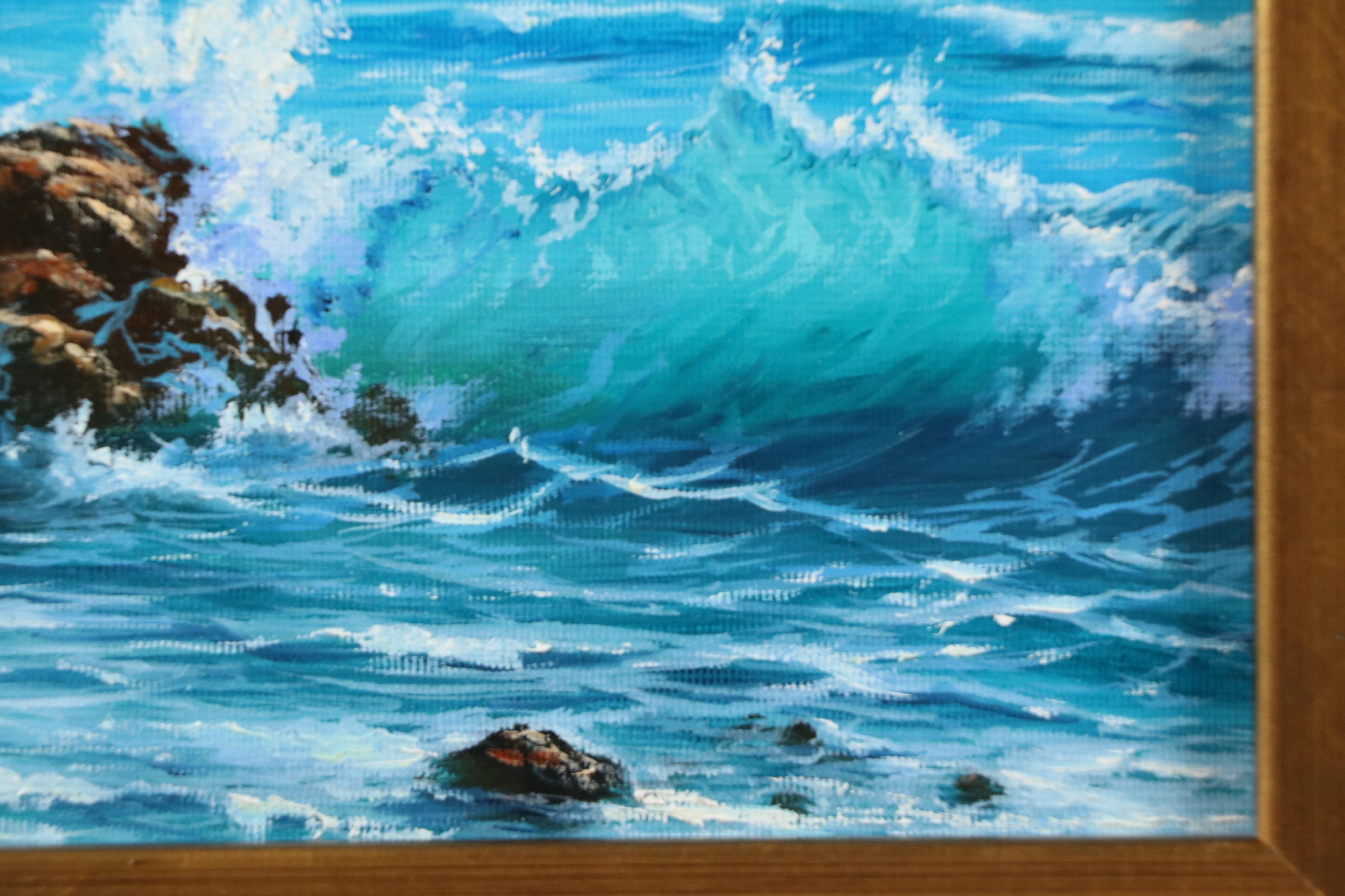 Realistic Oil Painting of Wave Crashing on Rock, 21st Century
