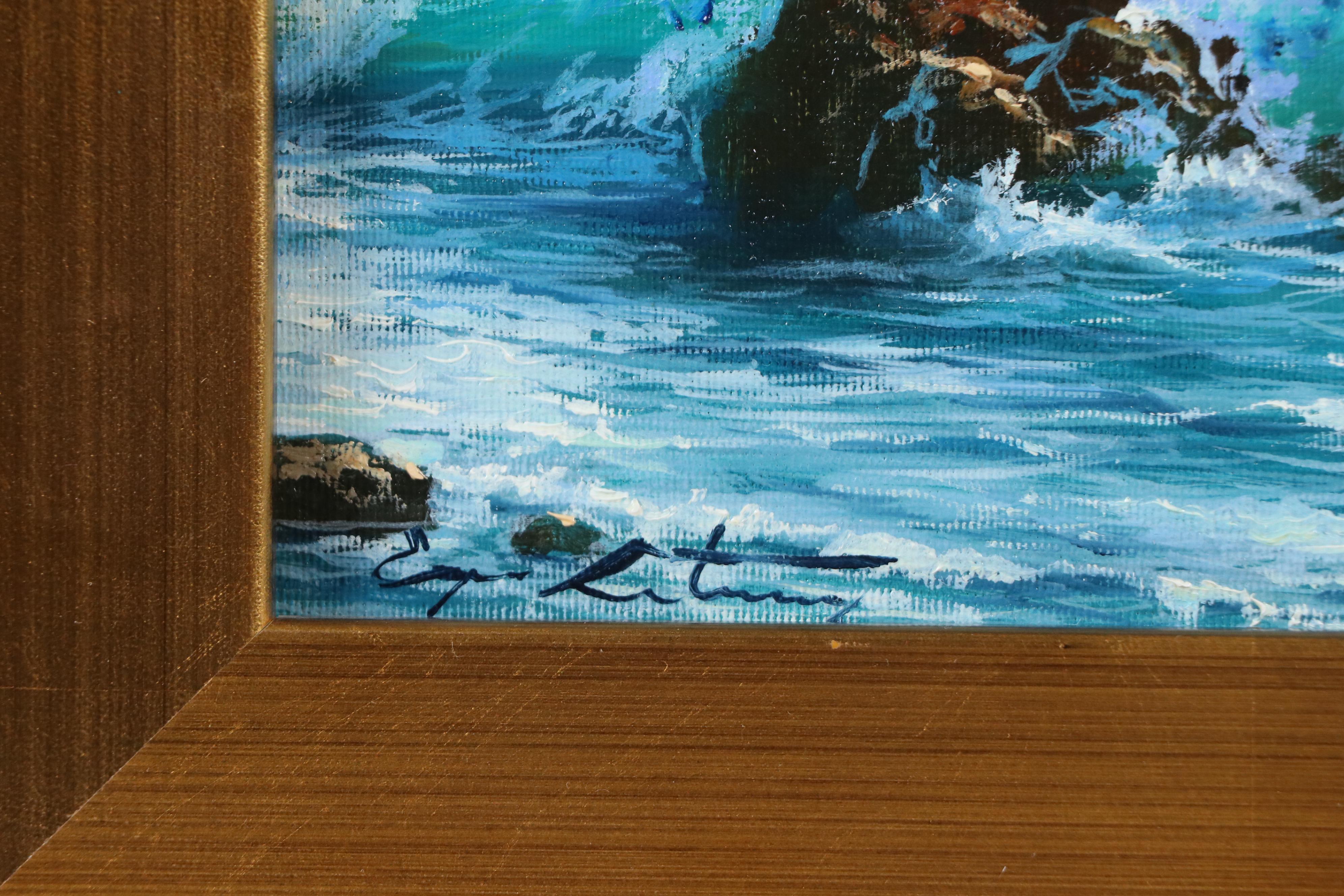 Realistic Oil Painting of Wave Crashing on Rock, 21st Century