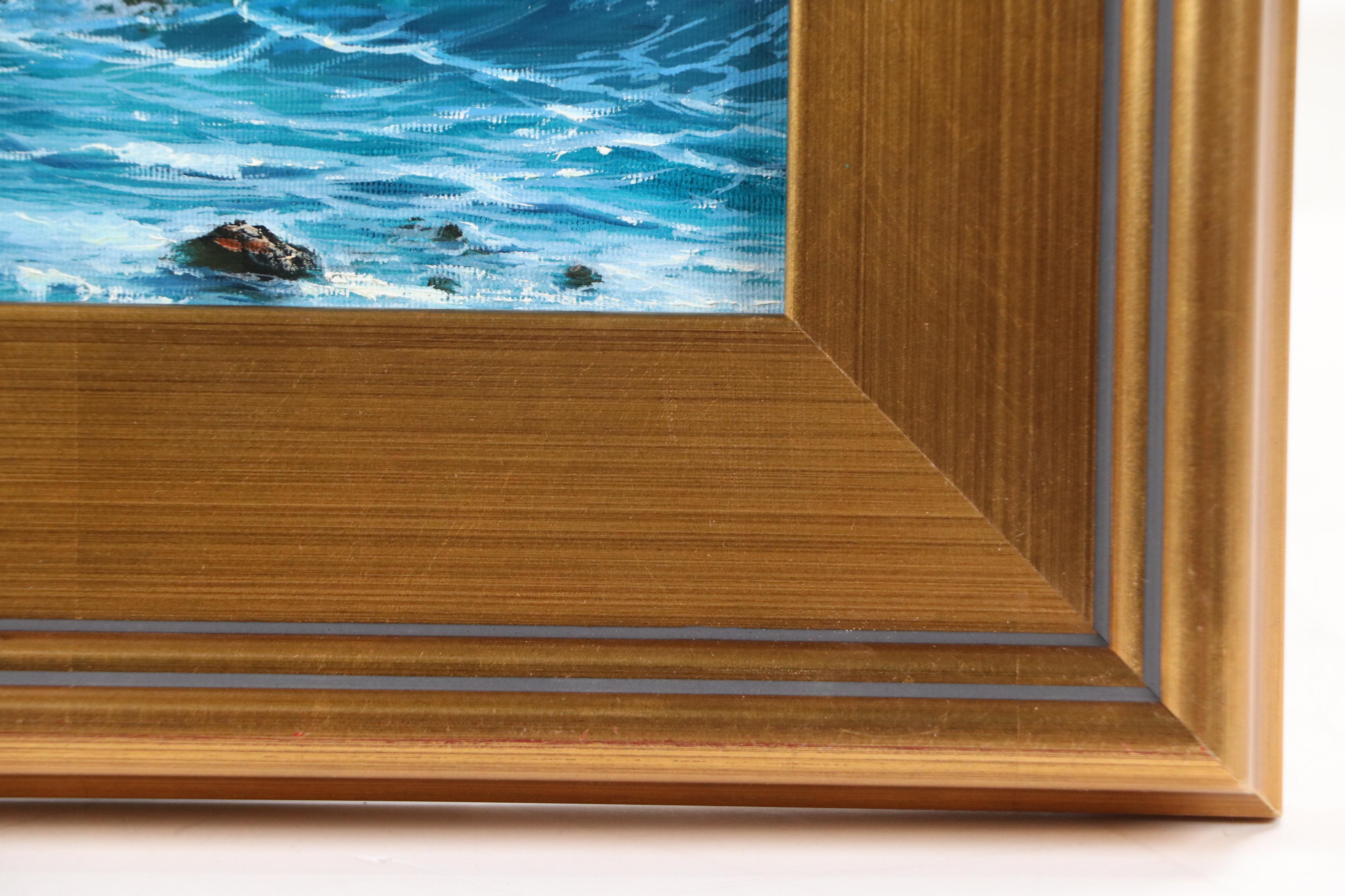 Realistic Oil Painting of Wave Crashing on Rock, 21st Century